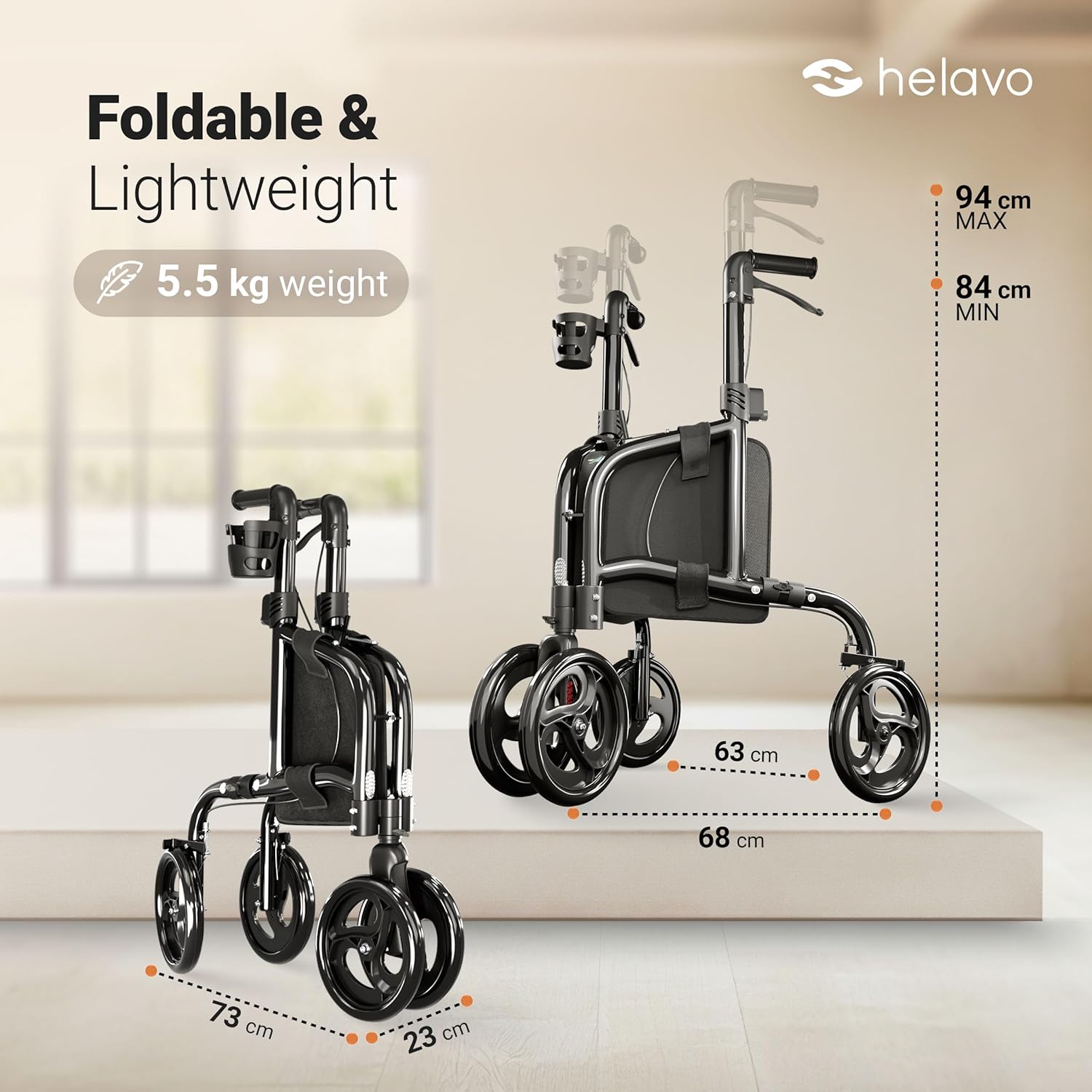 Helavo H1080 3-Wheel Walker folded and unfolded with dimensions