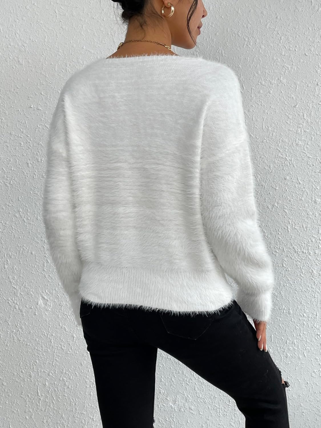Verdusa Women's Fuzzy Cozy Sweaters V Neck Off The Shoulder Long Sleeve Pullover Fall Sweater - Image 2