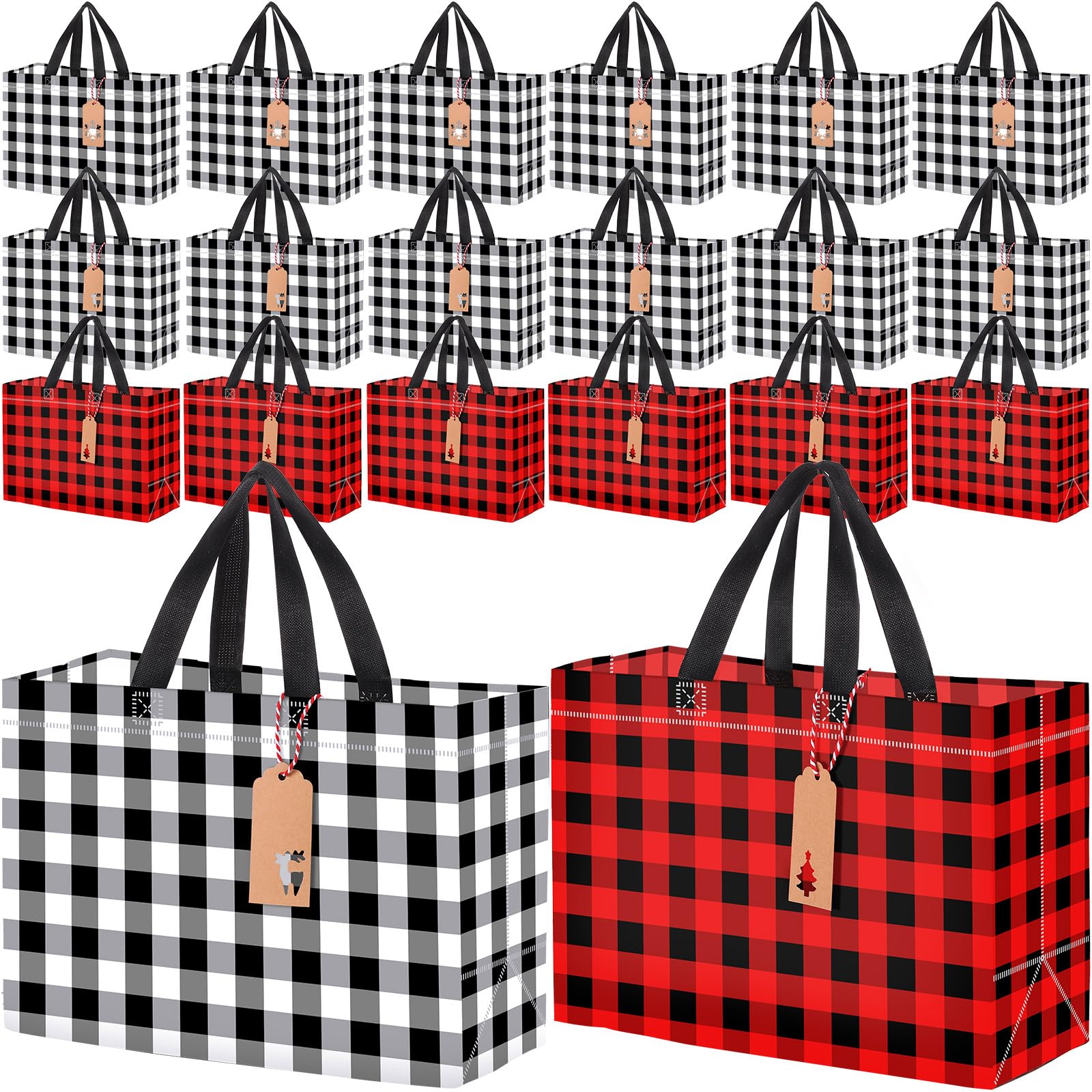 Clysee 24 Pcs Large Christmas Gift Bags with 25 Gift Tags 12.6 x 9.8 x 5.5 Inch Reusable Tote Bags with Handles Buffalo Plaid Non Woven Christmas for