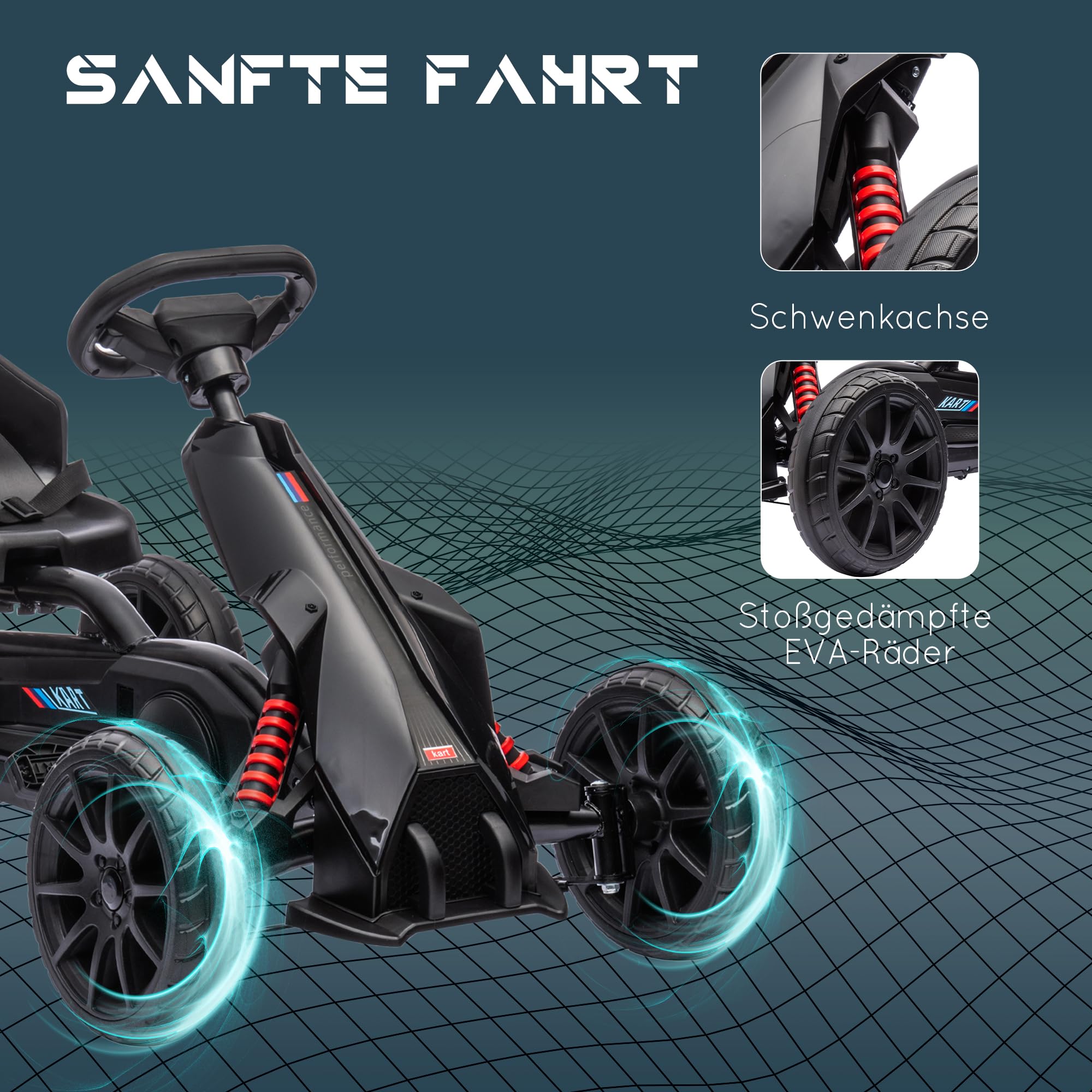 HOMCOM Gokart Tretauto mit Handbremse, verstellbarem Sitz, Vor- und Rückwärtsgang, Tretfahrzeug Kinderspielzeug für Kinder 3-8 Jahren Schwarz