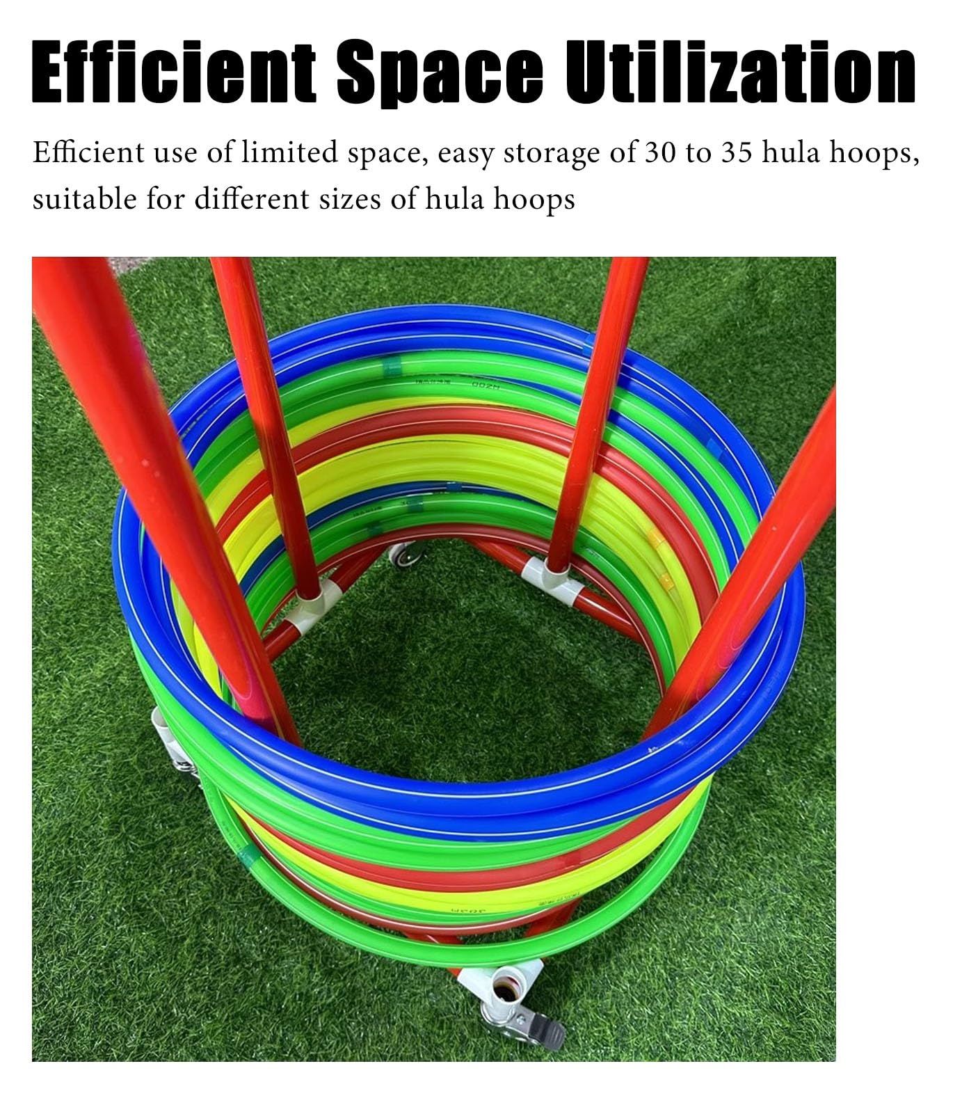 Oracra Rolling Equipment Hula Hoop Storage Rack with Wheels, PVC Gym Hoops Holder Stand, Stand Up Hoola Display Cart for Middle School PE Classes(35cm (13 3/4