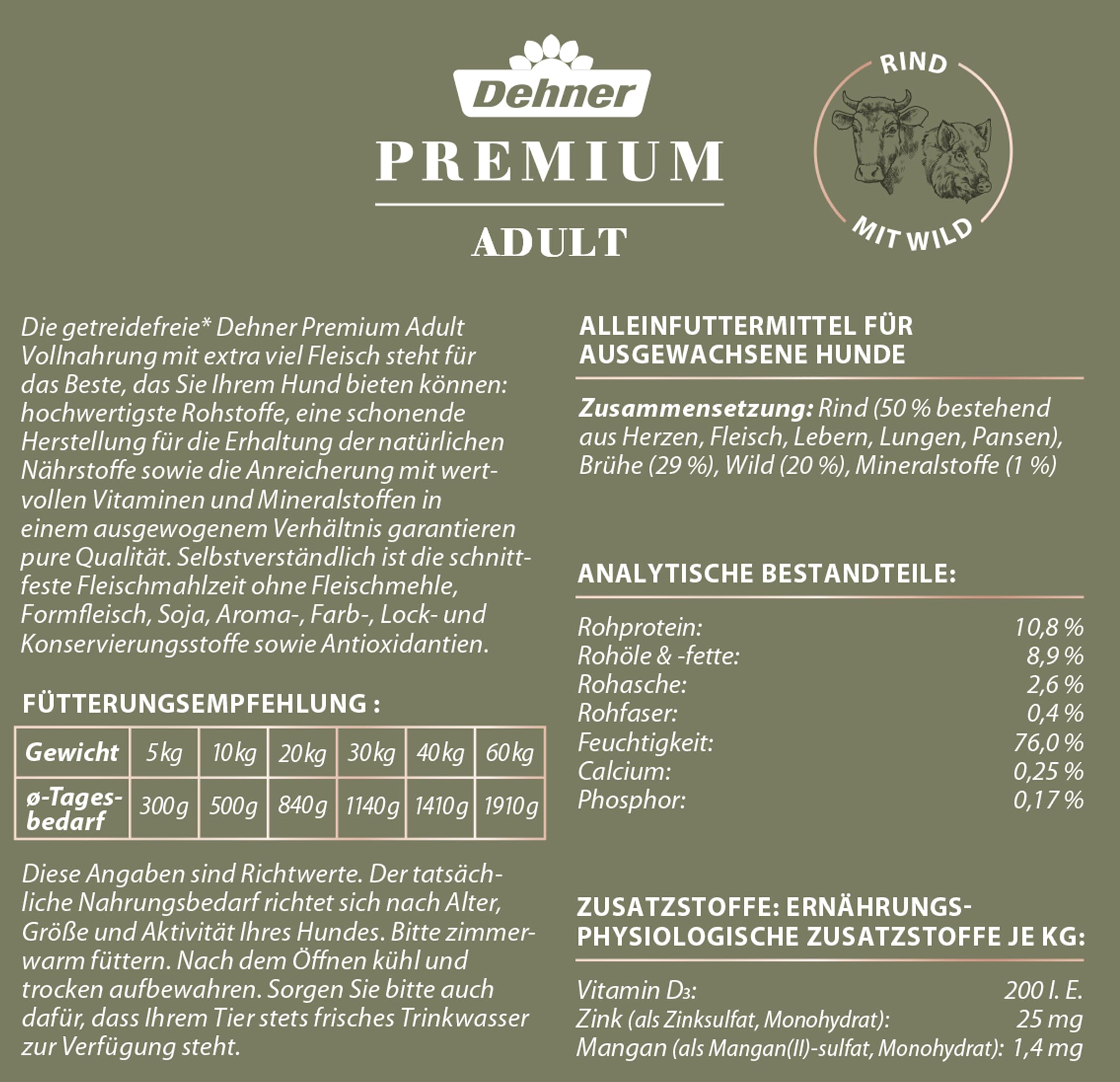 Dehner Cibo per Cani di Alta qualità, per Adulti, per Cani Adulti, Persone allergiche, Manzo, selvaggina, Resistente al Taglio, Senza additivi Artificiali, Senza Cereali, con molta Carne di Alta