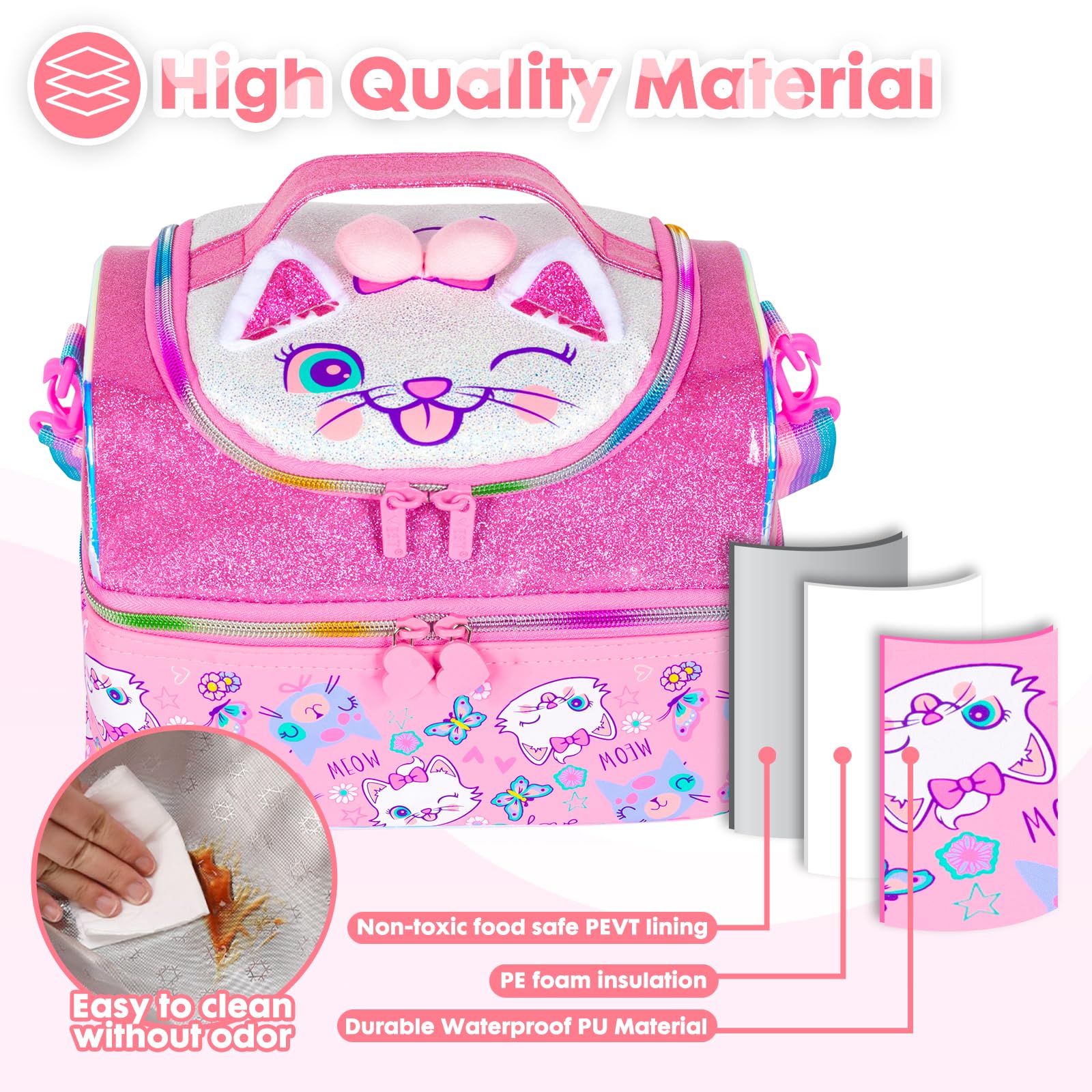 PinkSheep Kids Double Decker Cooler Insulated Lunch Bag Large Tote for Boys Girls, Men, Women, with Adjustable Strap, Unicorn (Cat) - Image 3