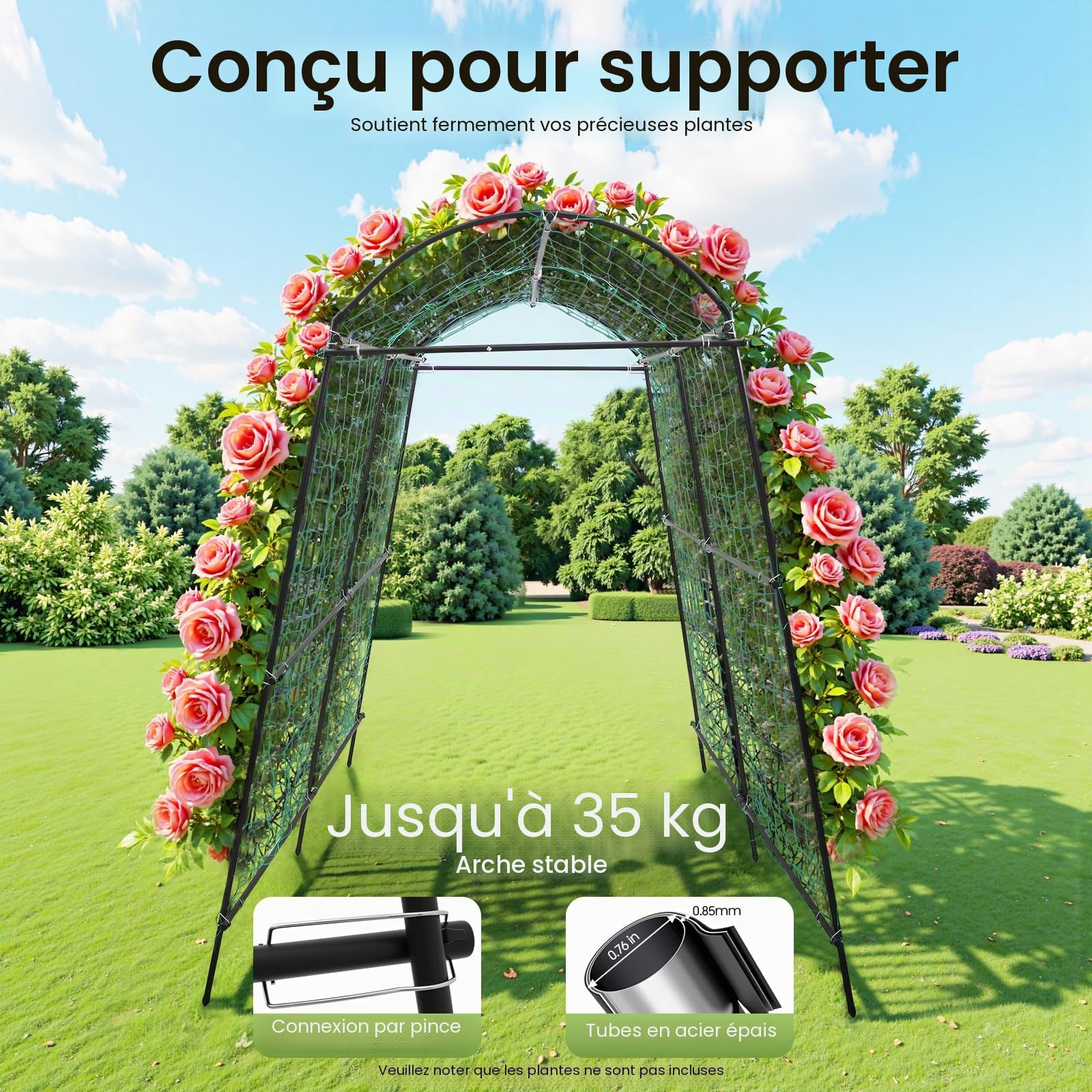 Arche à rosiers en métal solide - Treillis métallique - Arche de jardin - Grille pour plantes grimpantes - Pour jardin et potager - Capacité de charge : 35 kg - 1,15 x 1,83 x 2,3 m
