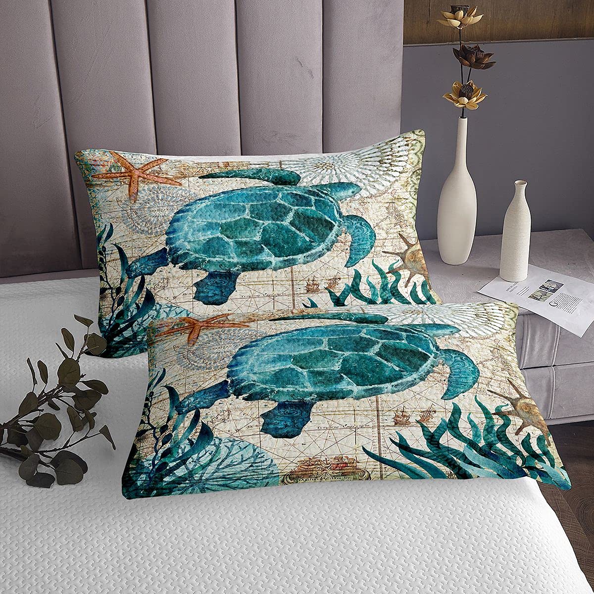 Sea Turtle - Colcha acolchada para niños, niñas, adolescentes, reptiles, transpirable, retro, floral, tamaño individual