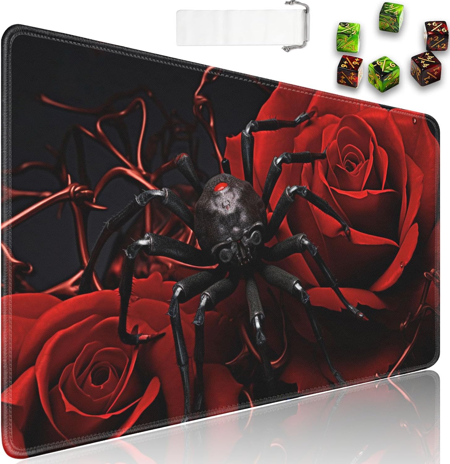 for MTG Playmat + Drawstring Travel Pouch + 6 Dice Counter, for Tabletop Trading Card Game Playmats or Large Mouse Pad, Anti-Slip Rubber 24 x 14 in, Spider on a Rose for TCG Playmat