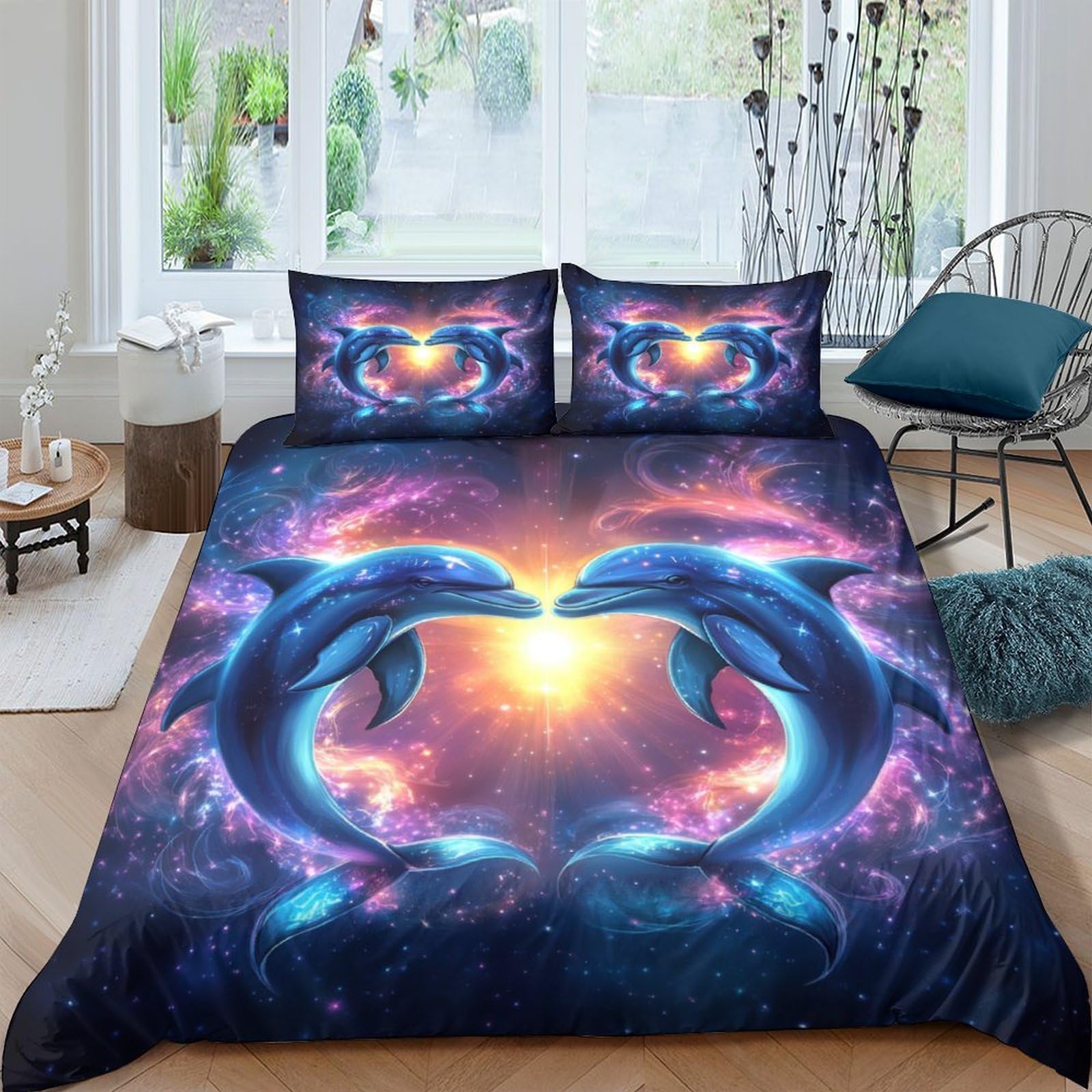 Ctjqhvkz Style-7 3D Printed Galaxy Dolphin Fitted Sheet Microfiber Soft Mattress Cover Cosmic Ocean Decor For Bedroom Dorm Protection Single（135X200cm）