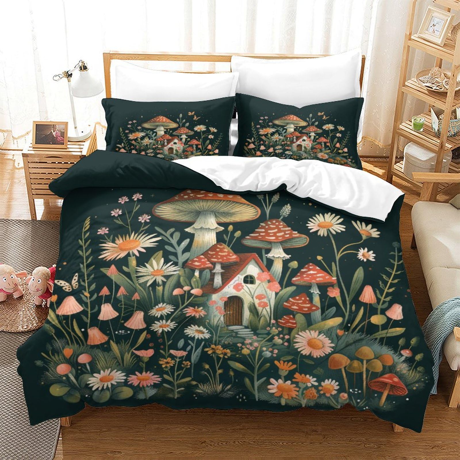 P1S9U7W5Y Enchanting Forest 3D Printed Mushroom House Duvet Cover Set 3pcs Microfiber Botanical Bedding King