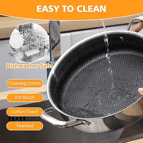 Miniatura 6 de Sartén de Acero Inoxidable de 7QT para Saltear de 14 Pulgadas con Tapa, Sartén Profunda Antiadherente, Sartén de Cocina de Inducción Híbrida,