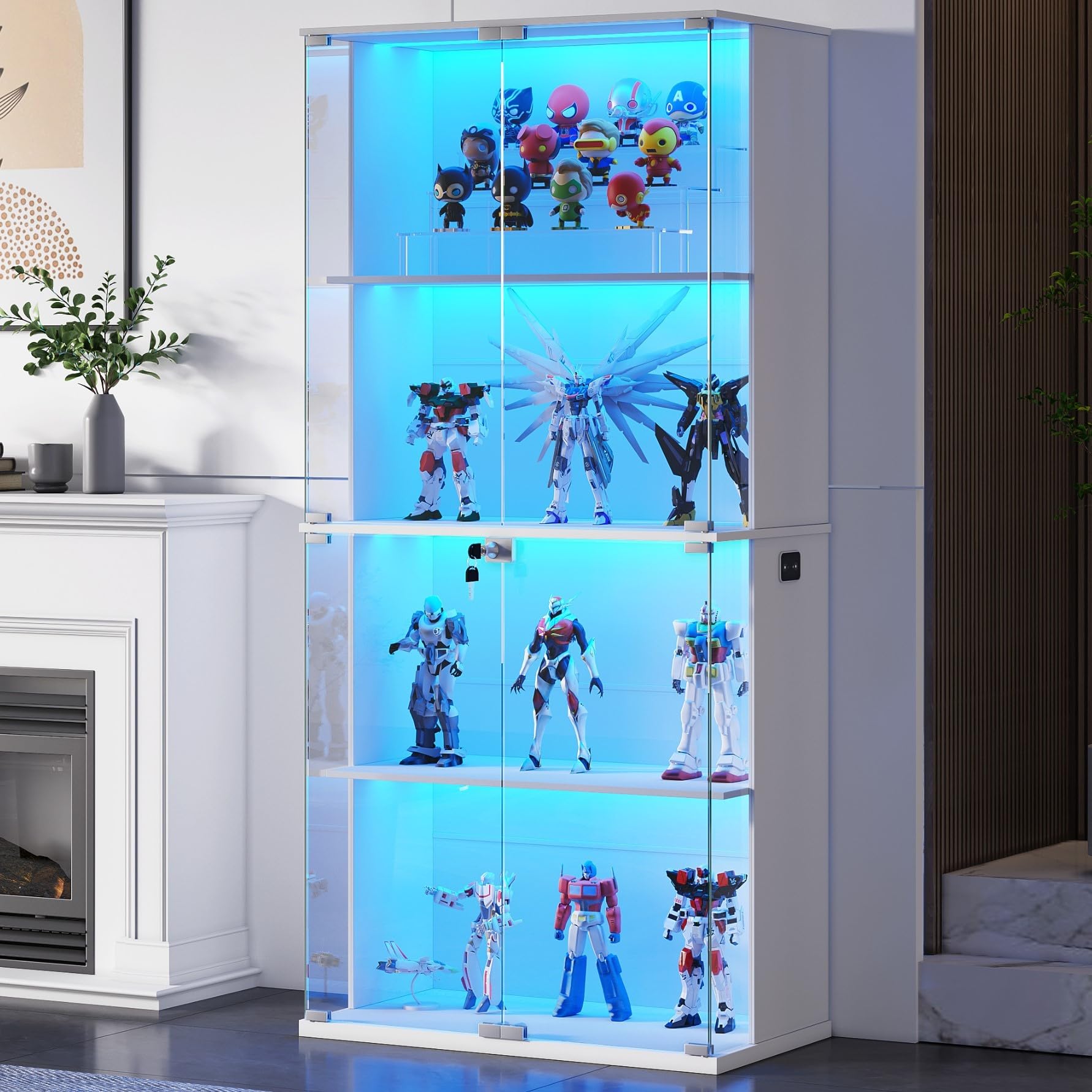 Gurexl 168 CM Vetrina in Vetro con LED 3 Couleurs,Vetrine Da Collezione Anta IIn vetro con Serratura,Pavimento Credenza in Vetro con Sensore Intelligente Per Soggiorno,Curio,Collezione,Bianco