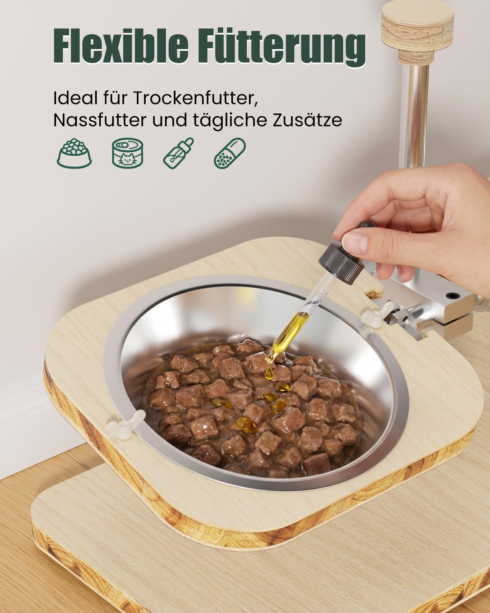 TOMXCUTE Katzennapf Erhöht aus Holz mit Edelstahlschüsseln | Individuell neigbare Näpfe, FSC-zertifiziertes Massivholz und 304 Edelstahl für ergonomisches Fressen und einfache Reinigung.