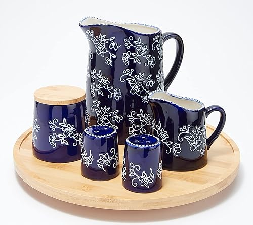 Temp-tations - Juego de tenis Lazy Susan incluye jarra azúcar crema sal y pimienta azul encaje floral