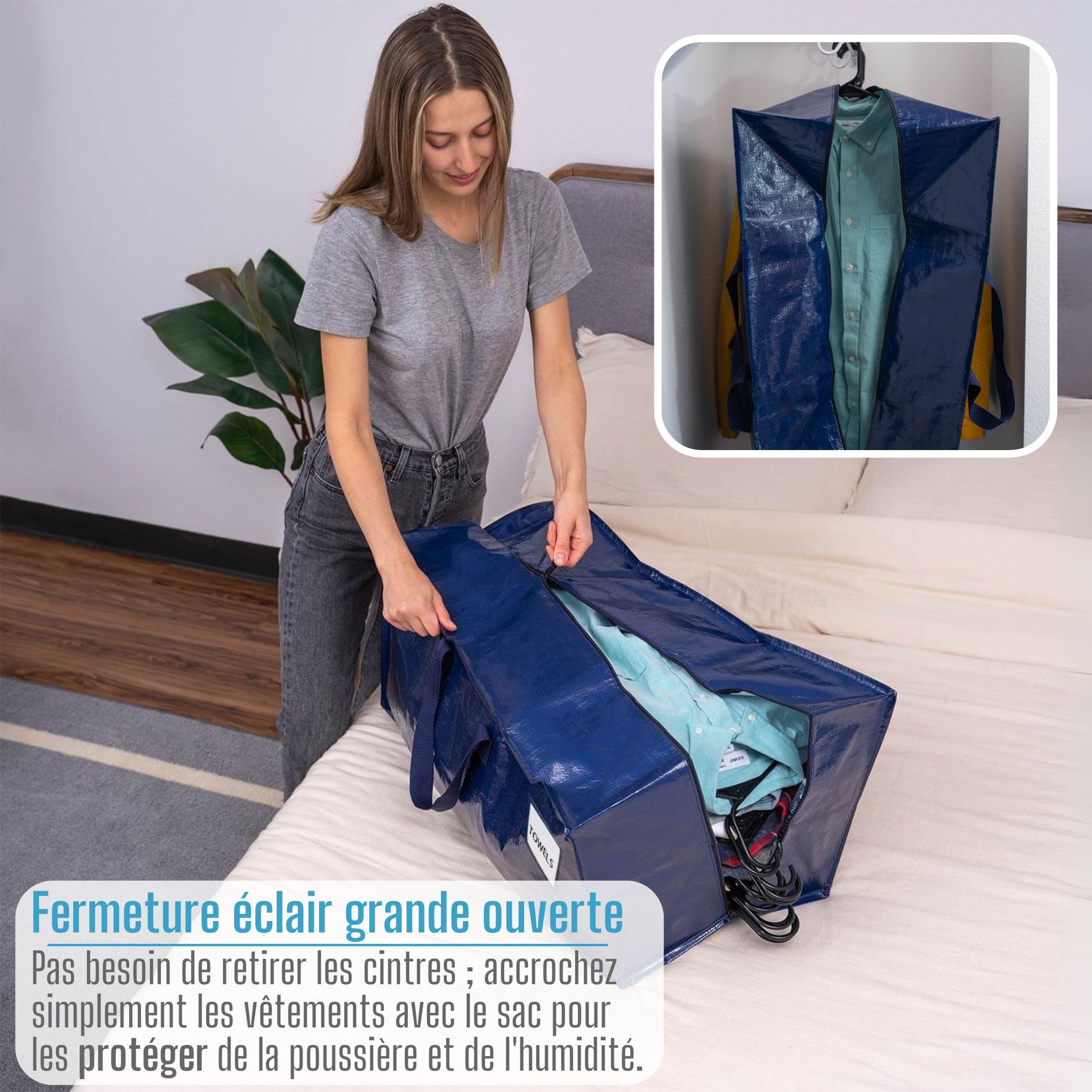VENO Lot de 4 Sac Rangement Vêtements grand, Sacs Déménagement Pliable avec Sangles de Sac à Dos et Poignées Solides, Alternatives aux Cartons de Déménagement (Bleu, Lot de 4)