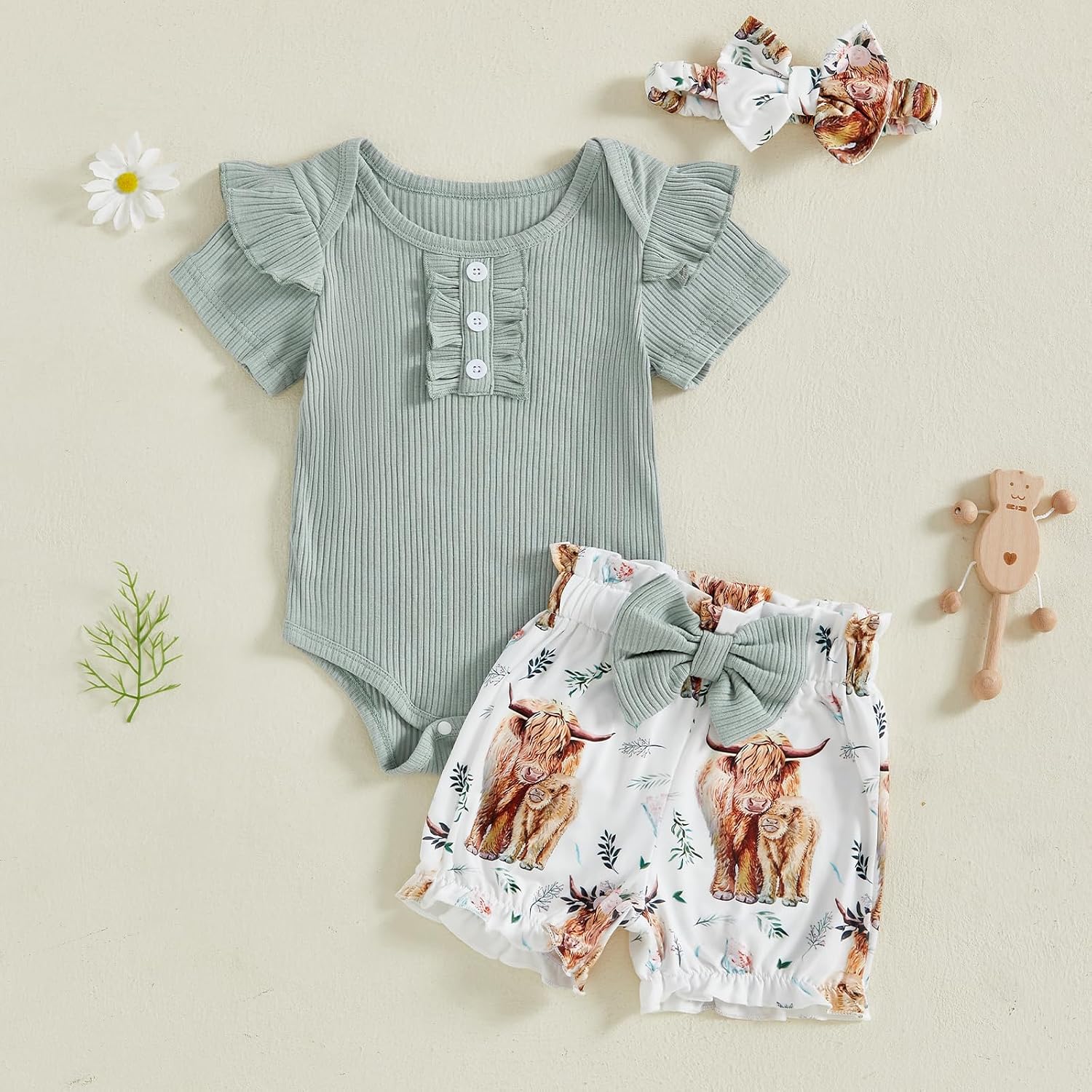 FOMOYUU Infant Baby Girl Summer Clothes Newborn Outfit Ruffle Sleeve Romper and Floral Print Short Pants Clothing Sets