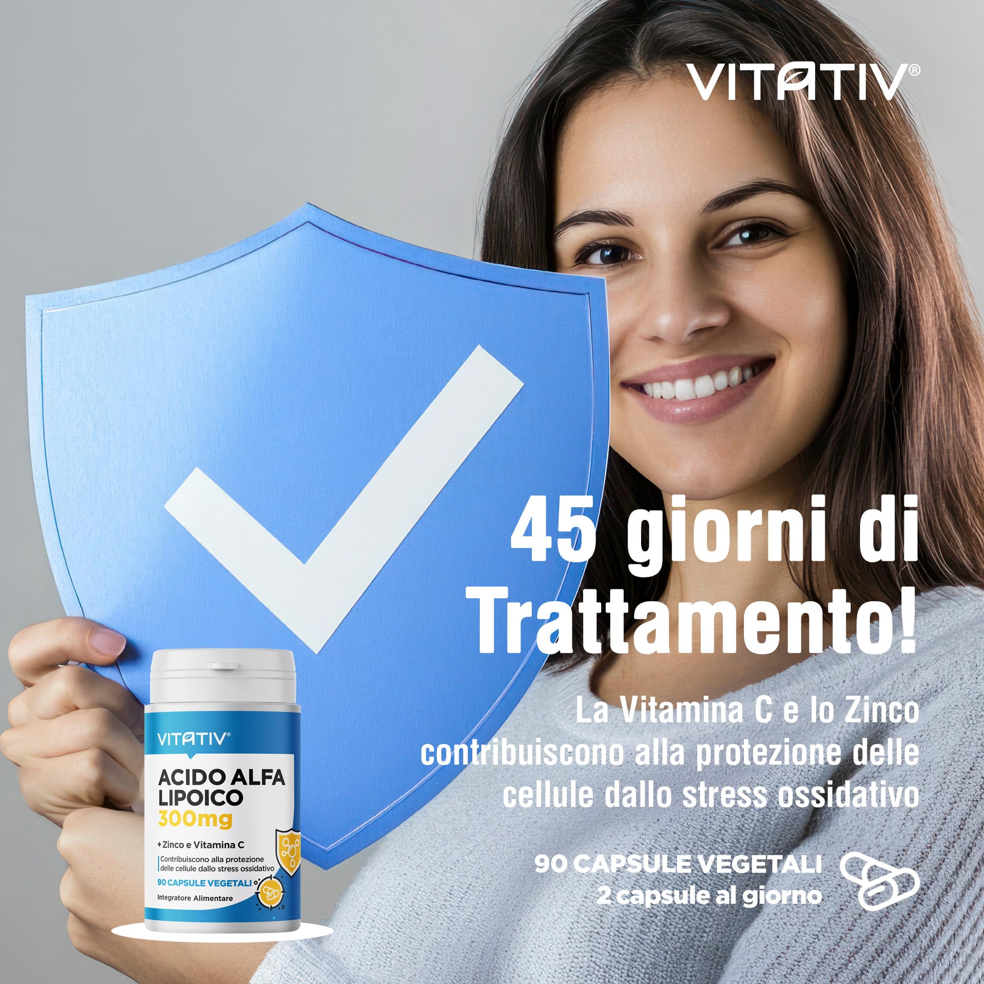 VITATIV Acido Alfa Lipoico ALA 300mg + Vitamina C e Zinco | Antiossidante | 90 Capsule Vegetali | Made in Italy