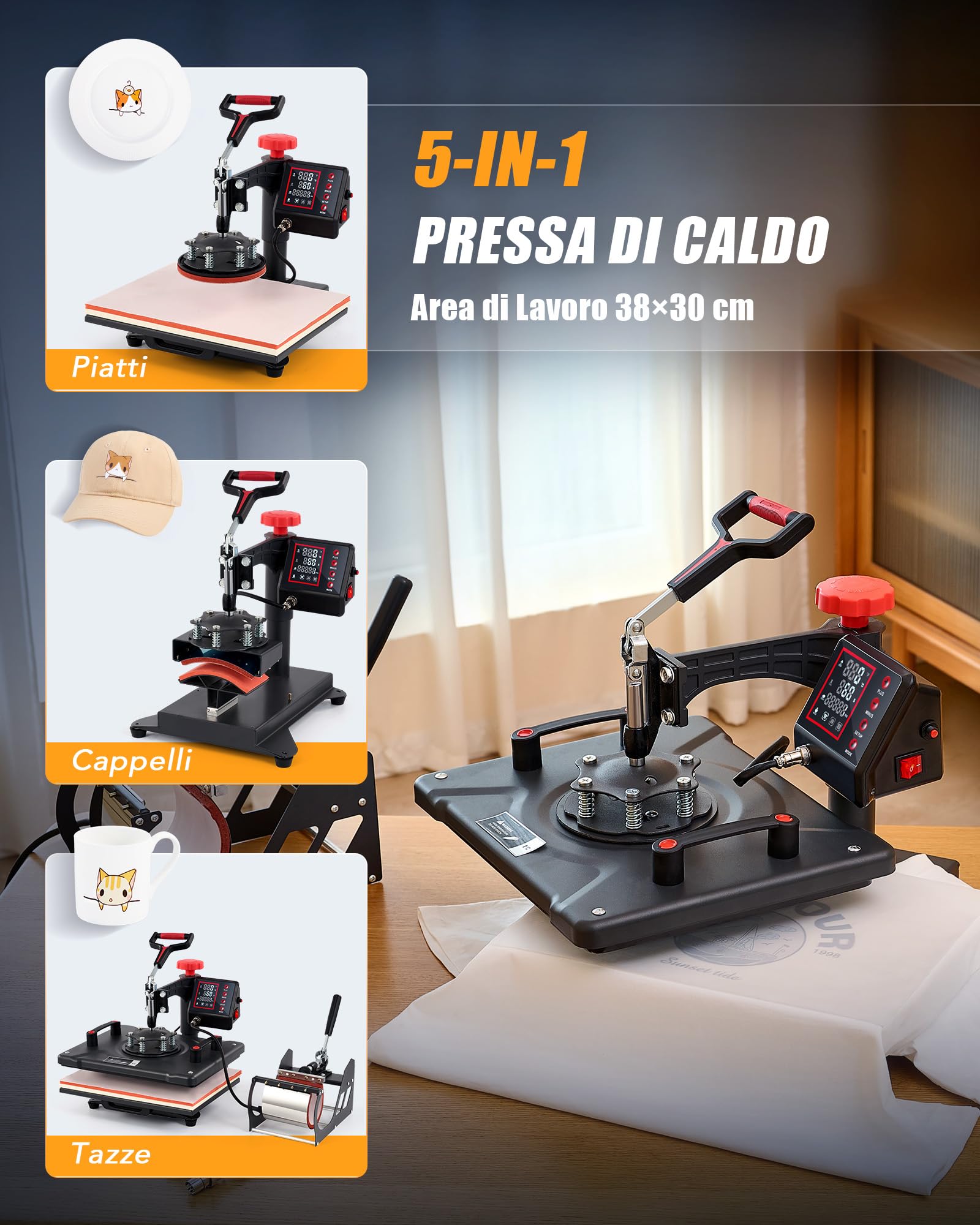 CREWORKS 5 IN1 Pressa a Caldo 30 X 38CM 1250W Pressa a Calore Macchina Sublimazione Digitale Rotazione a 360 Gradi Trasferimento Multifunzione con Termopressa per Magliette Cappellini T-Shirt Tazze