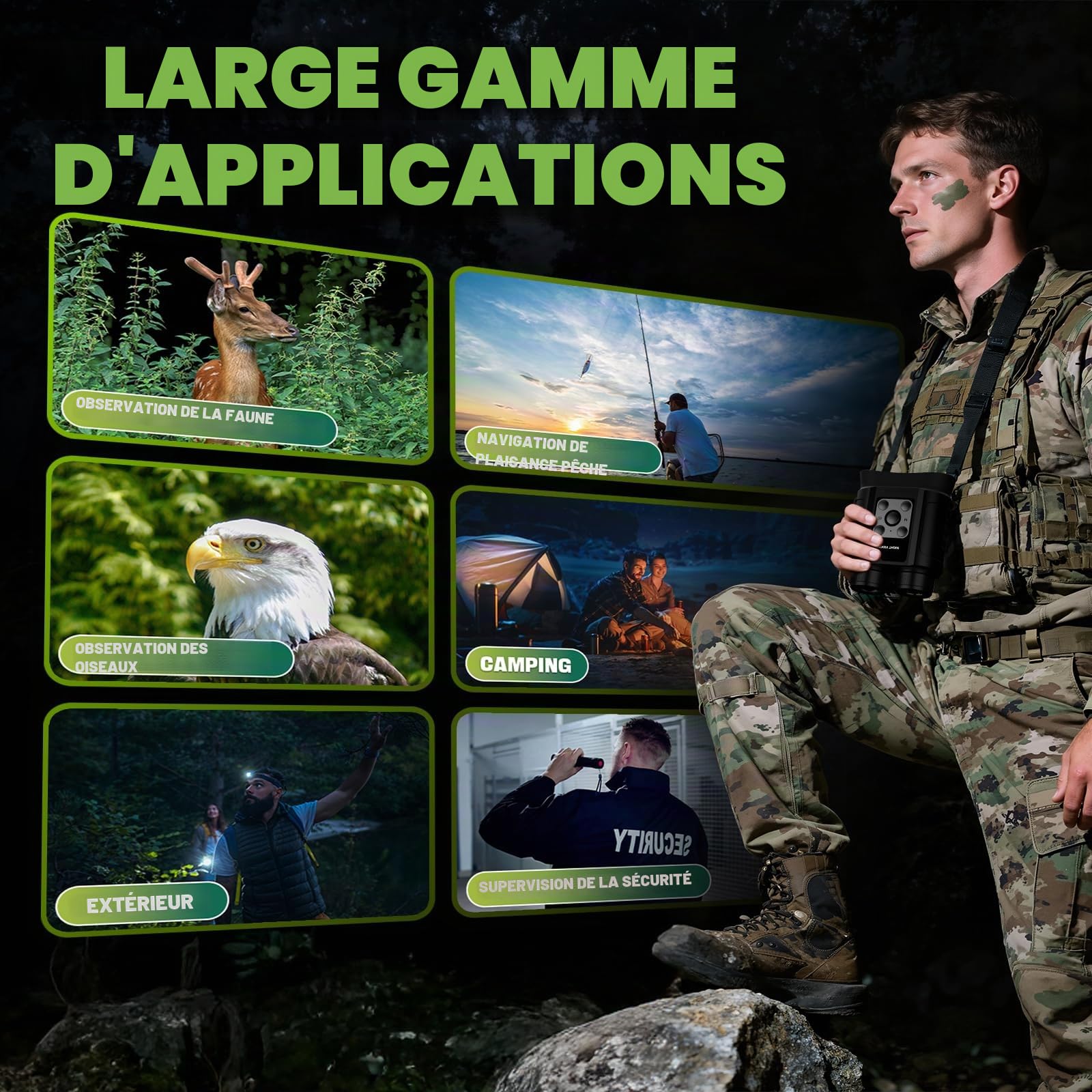 Jumelle Vision Nocturne 4K 48MP, Portée de Vision 300m, IR Réglable à 7 Niveaux, Zoom Numérique 8X, Écran HD 2,4’’ pour Chasse, Camping et Observation de la Faune