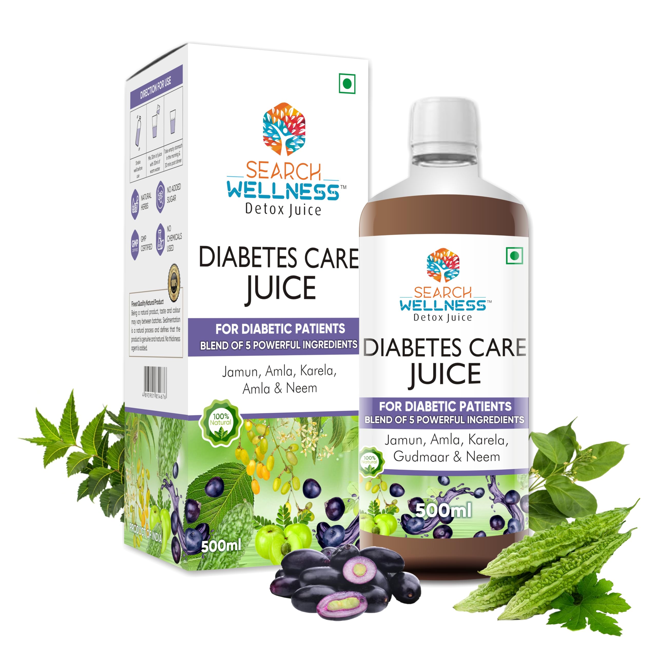 Search Wellness Diabetes Care Healthy Juice 500 ML (Pack of 1) | Dia Free Ayruvedic Drink | With Amla, Karela, Jamun, Neem & Gudmar | Manage Blood Sugar Levels | Liver Detox Ayurvedic Herbs