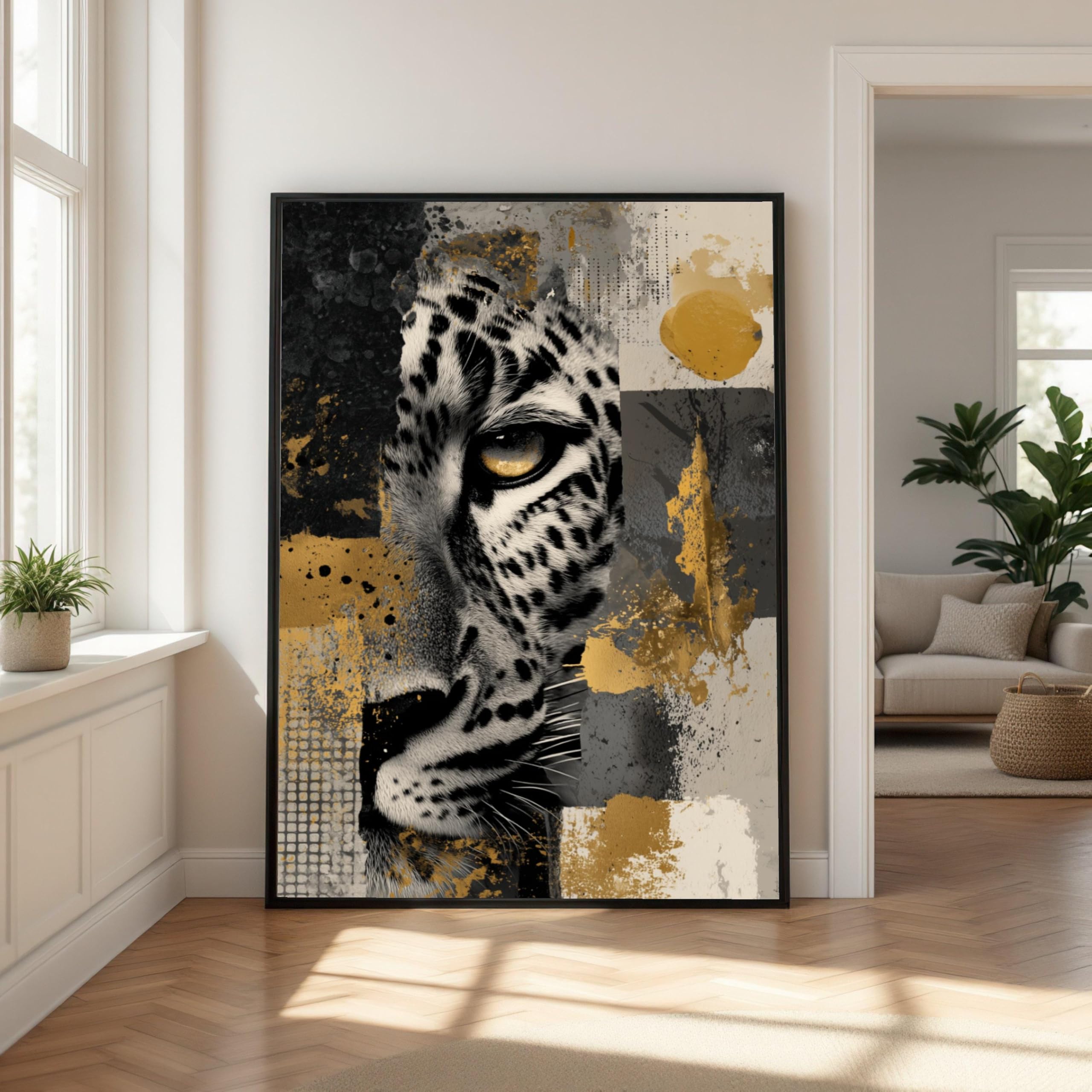 Pintura al óleo de un majestuoso leopardo en primer plano, arte abstracto de animales para pared, pósteres de vida silvestre, obra de arte para el hogar en dorado y negro (70x110cm/marco interno)
