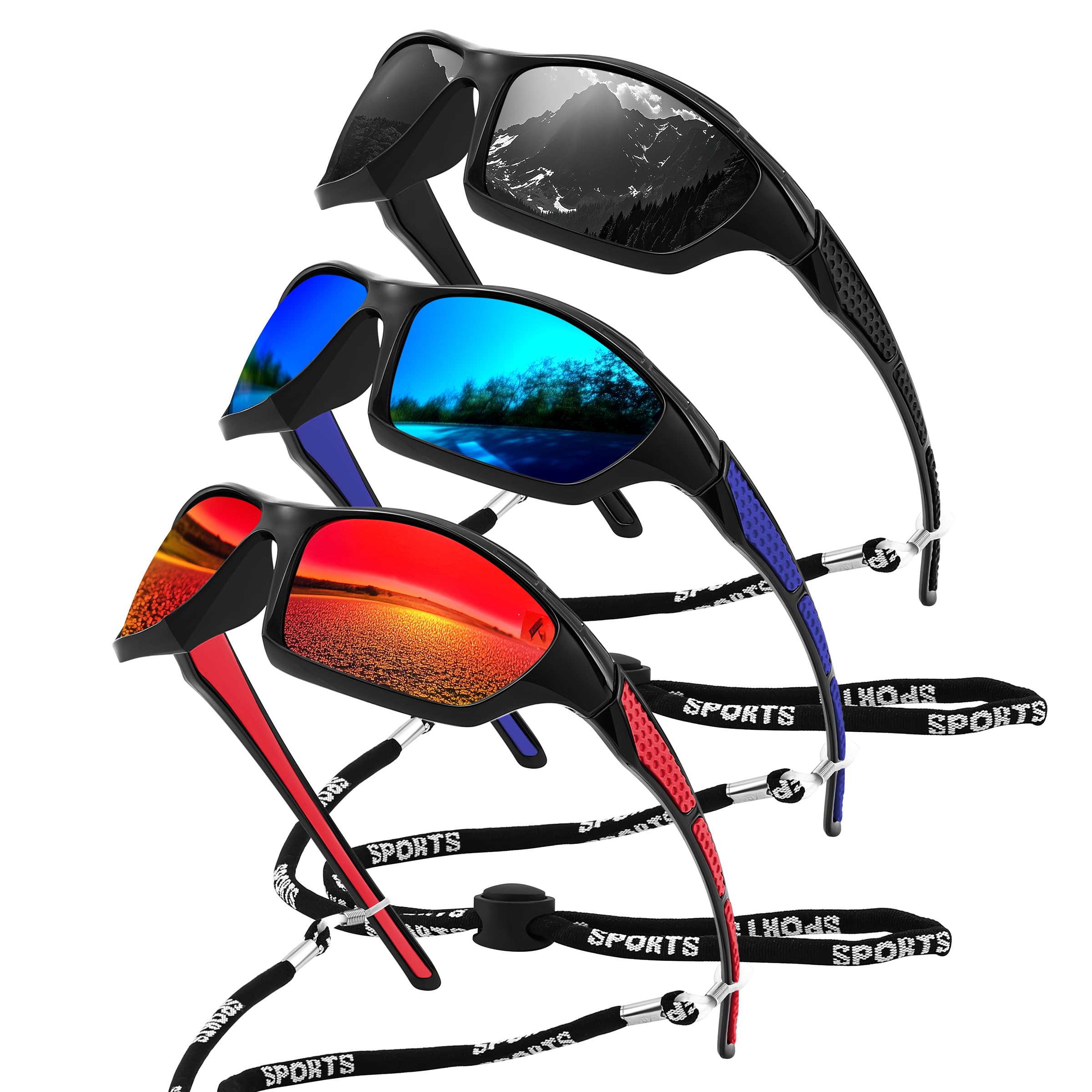 FEISEDY 3PACK Sport Polarized Sunglasses Men Women Outdoor Fishing Running Baseball Sun Glasses UV400 Protection B9162 Black+red+blue 67 Millimeters