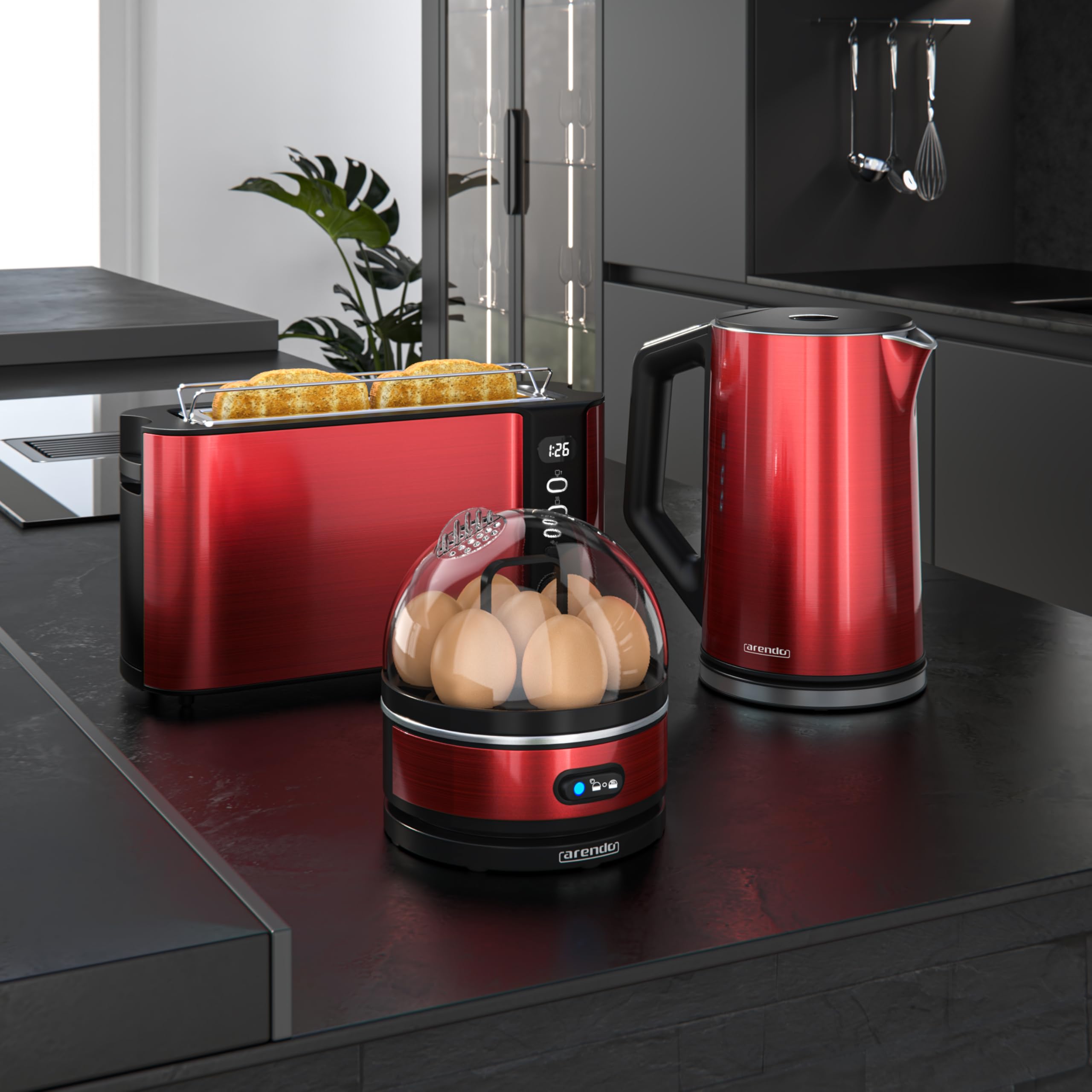 Arendo Wasserkocher Toaster Eierkocher Set Edelstahl Temperatureinstellung 2 Scheiben Langschlitz 1-7 Eier Rot