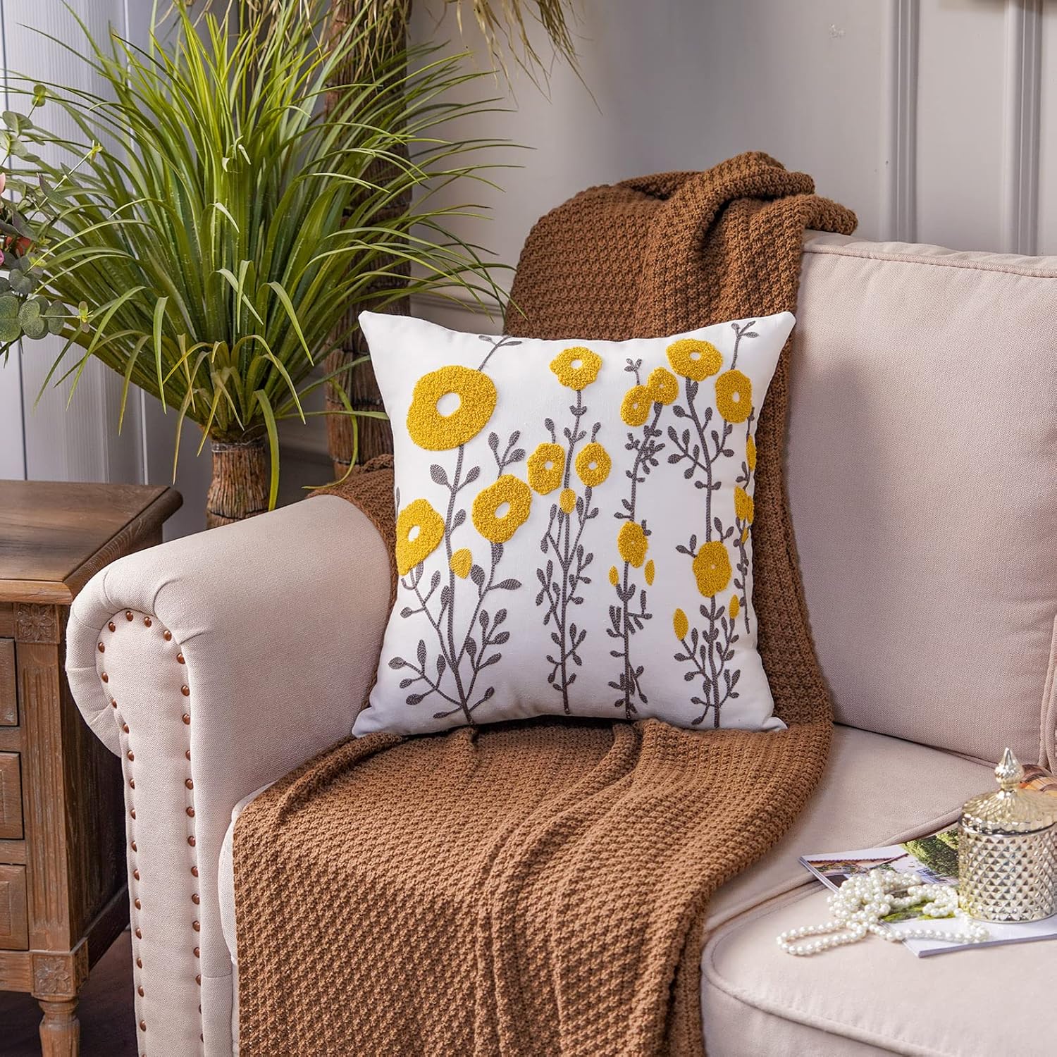 ARTMAGIC Yellow Flowers Cushion Cover Embroidery Decorative Throw Pillows Cover Farmhouse Square Pillow Case for Couch Sofa Bed Living Room Bedroom Home Decor (18x18 Inches, Yellow 01) - Image 6