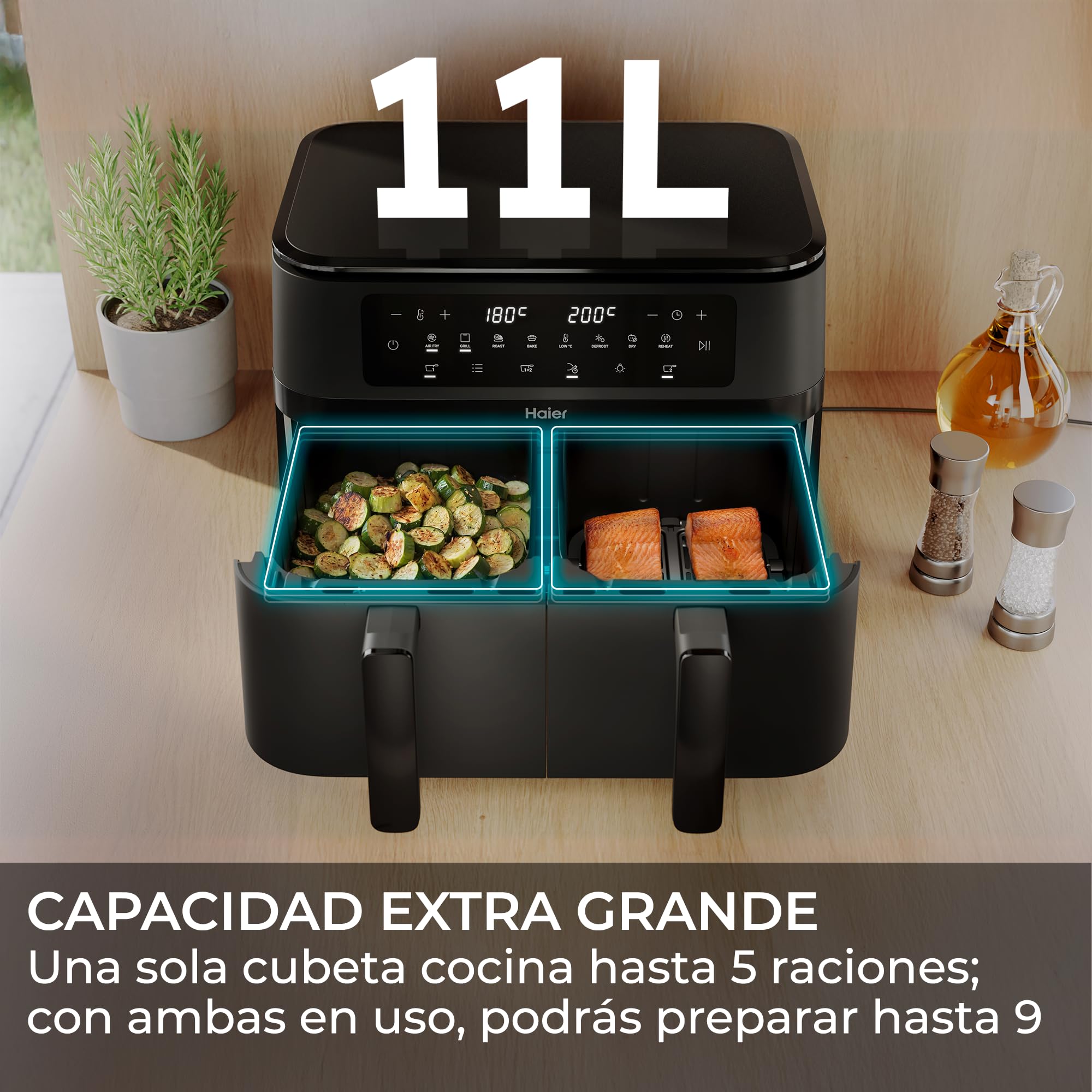 Haier Frytkownica na gorące powietrze, 2 komory, 11 l, Airfryer, 8 w 1: smażenie, grillowanie, pieczenie, suszenie, podgrzewanie, rozmrażanie, powolne gotowanie, funkcja synchronizacji, powłoka