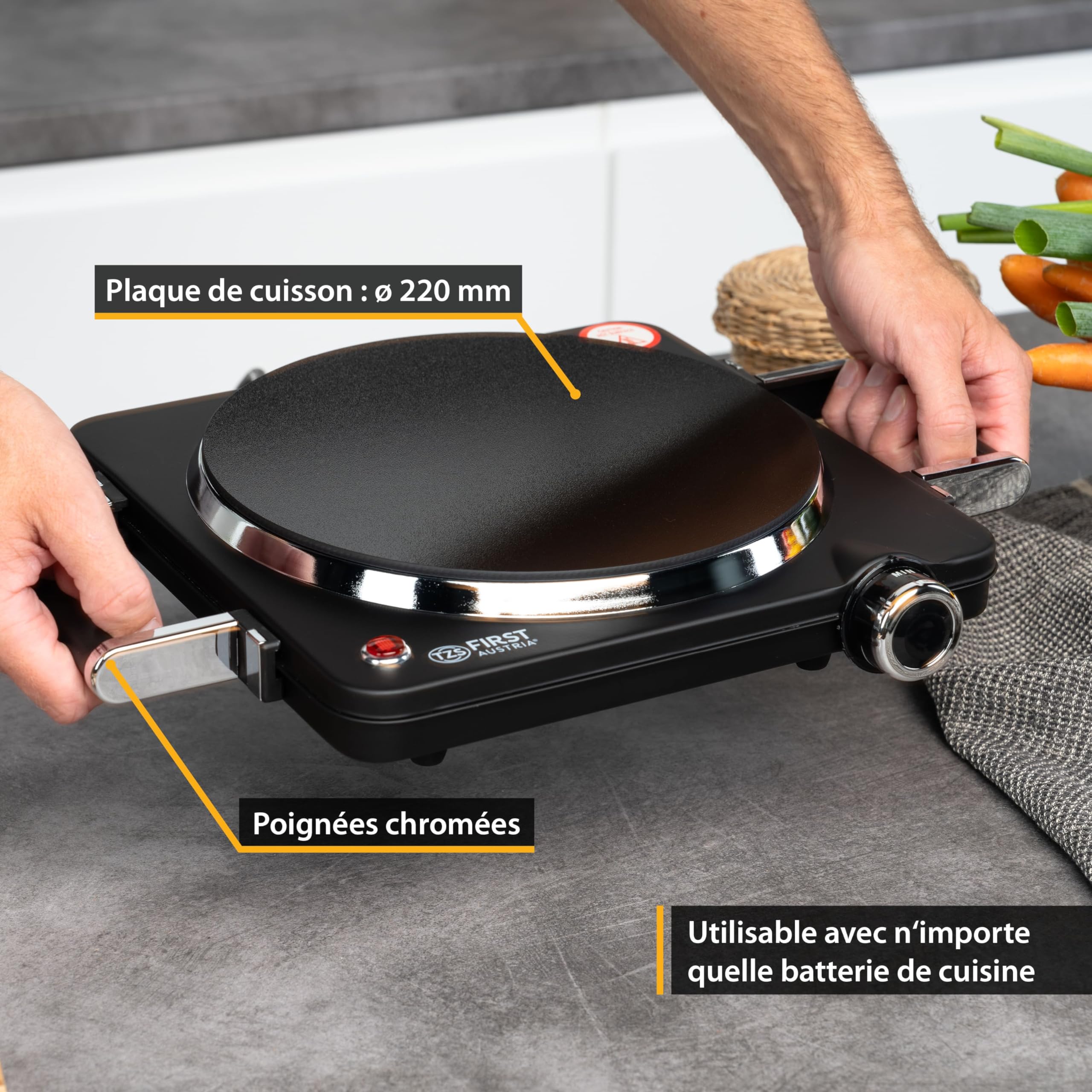 TZS First Austria - Plaque Infrarouge 1500W - Plaque vitrocéramique pour tous types de casseroles - Réchaud électrique avec poignées, réglage continu & témoin lumineux - Ø 220 mm - Noir