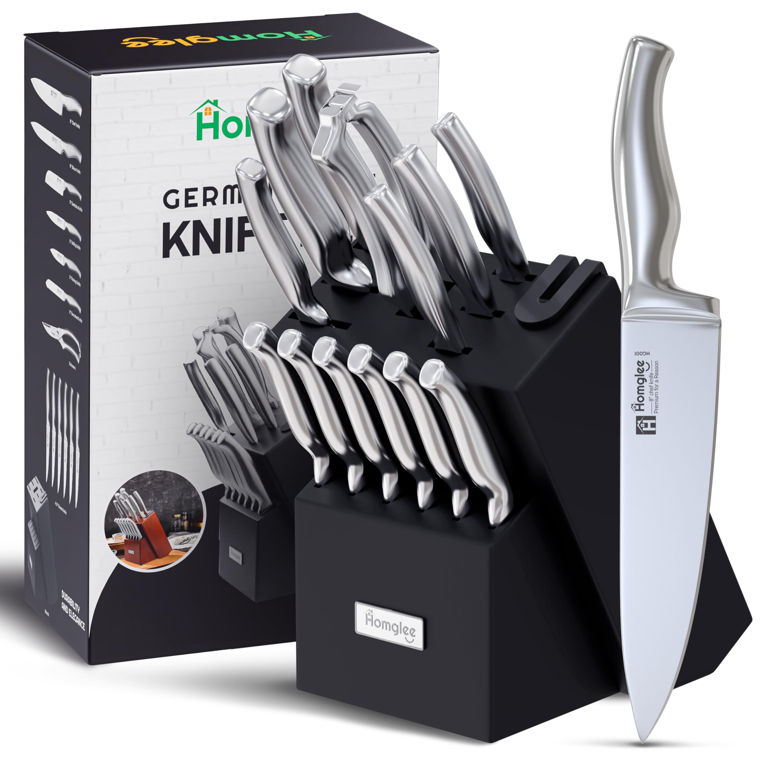 HOMGLEE Knife Set – 14 Pieces Kitchen Knife Set with Block – German Stainless Steel Knife Block Set – Pine Wood Knife Block – Built in Knife Sharpener, Dishwasher Safe, Ergonomic Handle Knives, Black