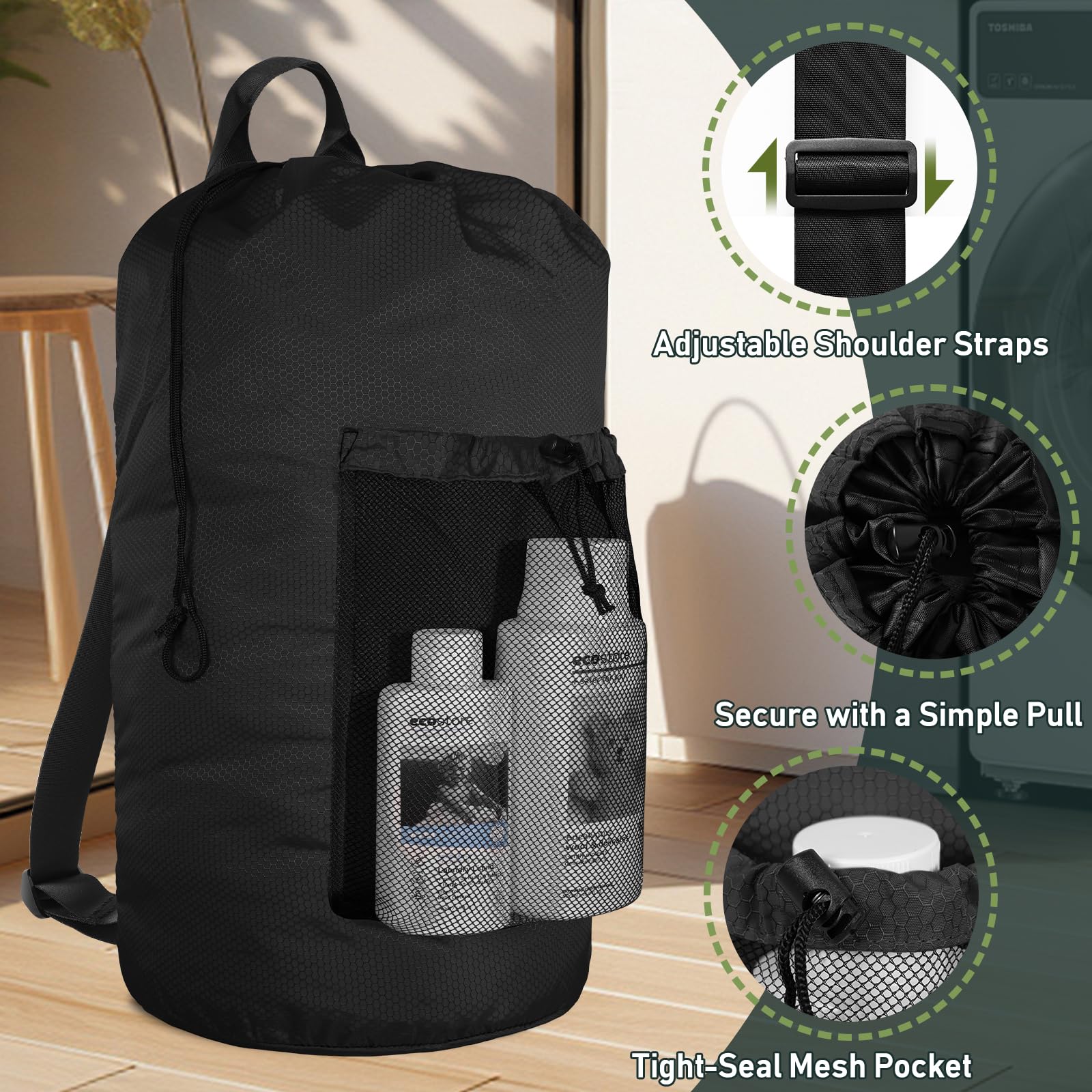 Grand sac à linge de voyage avec bretelles en polyester durable pour le collège, noir, Large, Sac à linge