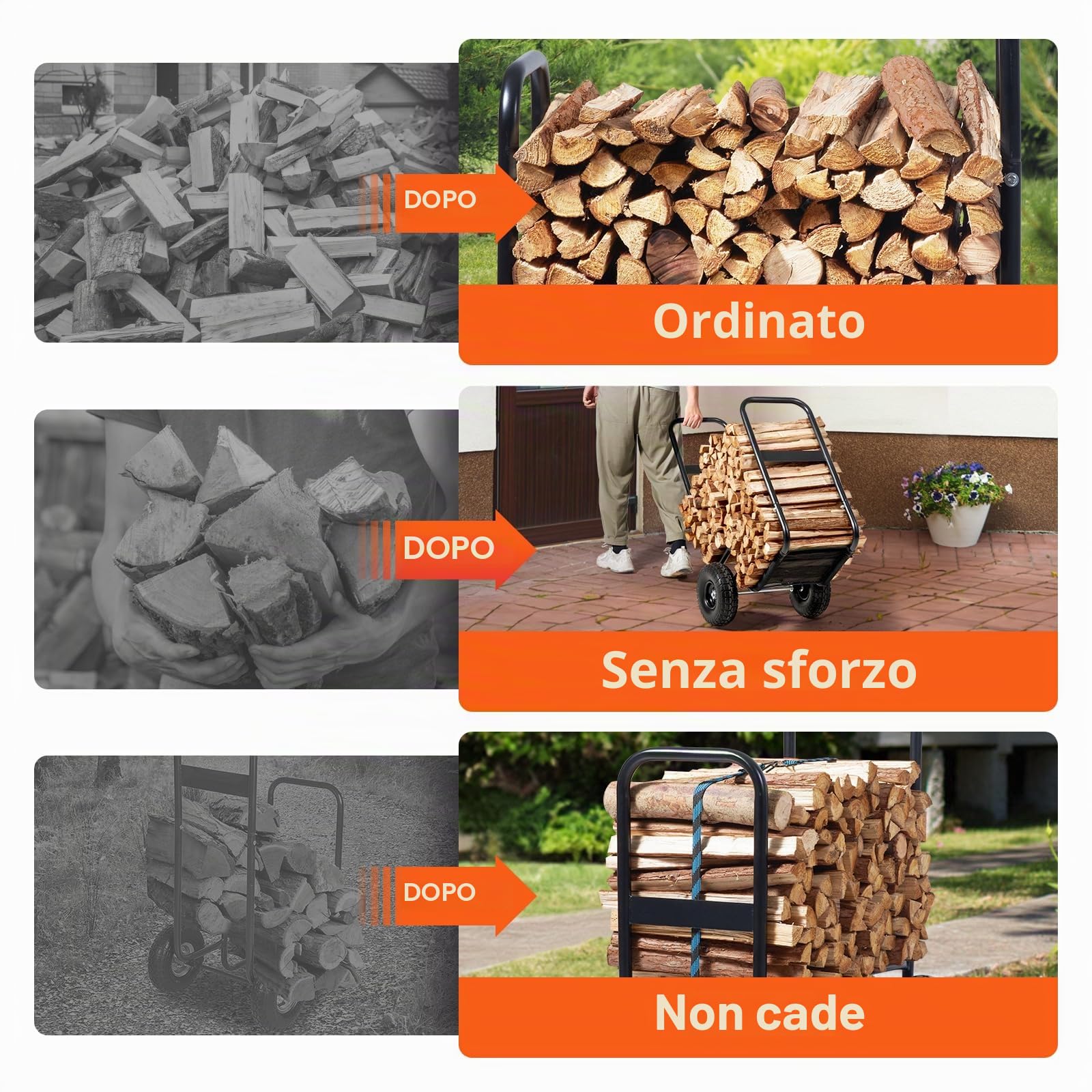 VEVOR Carrello per legna da ardere, 113,4 kg, per esterni e interni, ruote in PU, panno impermeabile, supporto in acciaio resistente, supporto per legna da ardere per camino