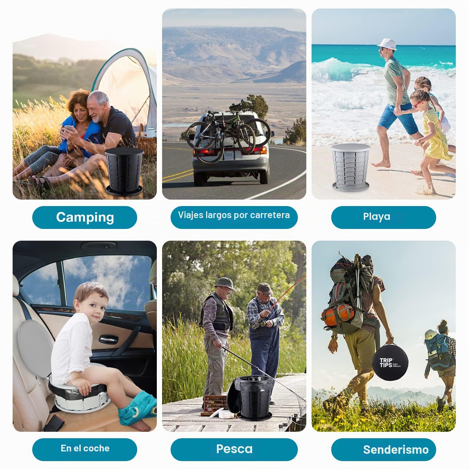 TRIPTIPS Retrete plegable portátil retráctil para viajes, camping, orinal para adultos y niños, inodoro portátil para campamento/coche, altura ajustable, tamaño XL