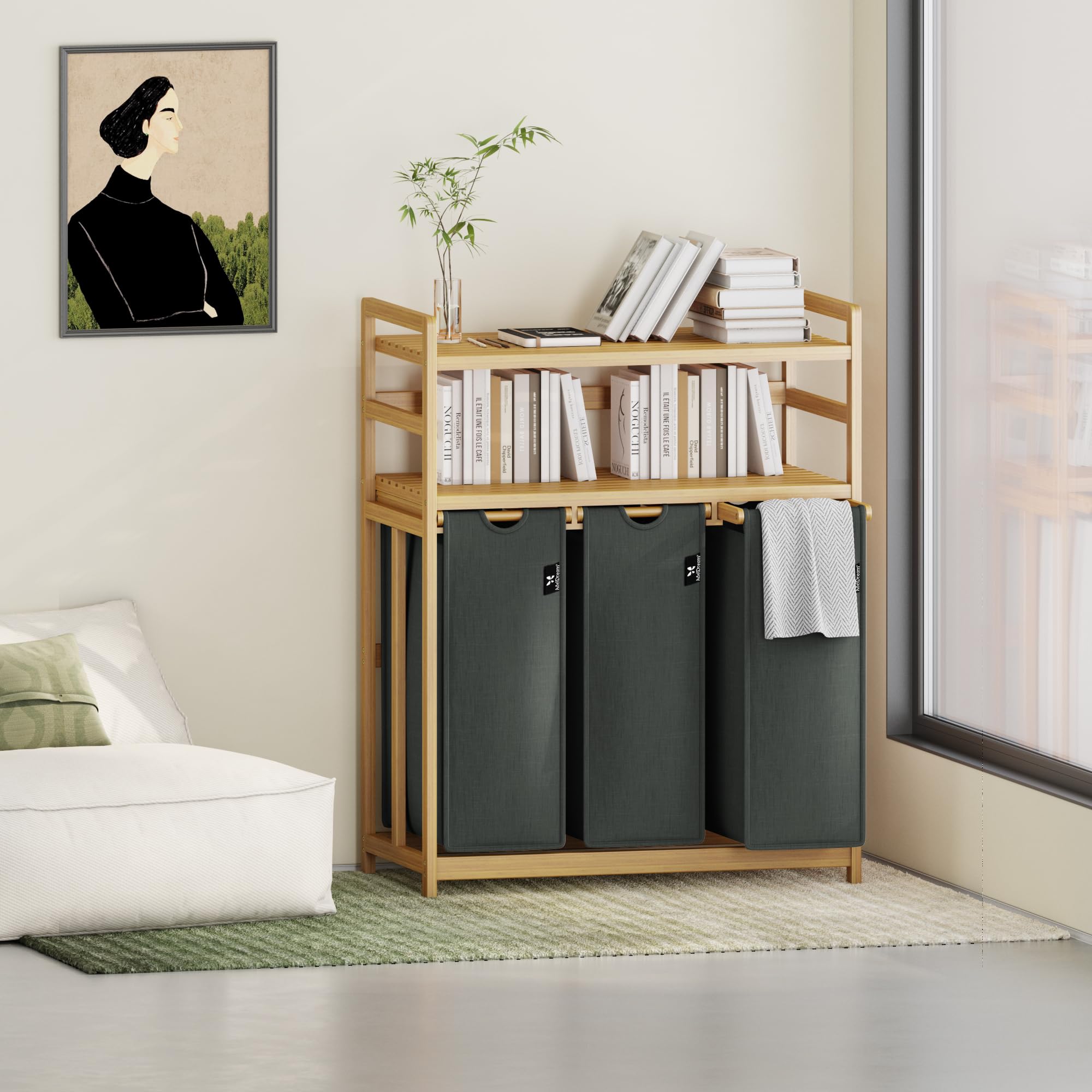 AdelDream Cesta para la Ropa 150L 3 Compartimentos 2 Estantes Bolsa para la Ropa Extensible y Desmontable Cestos para la Ropa con Estructura de Bambú Gran capacidad Gris