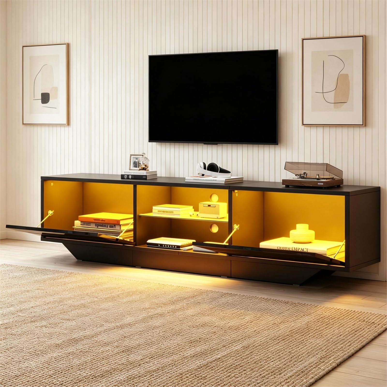 Sweiko Meuble TV au Sol 160 × 35 × 44,5 cm avec 2 Portes,Finition Brillante et éclairage LED,adapté à Un téléviseur de 65 Pouces