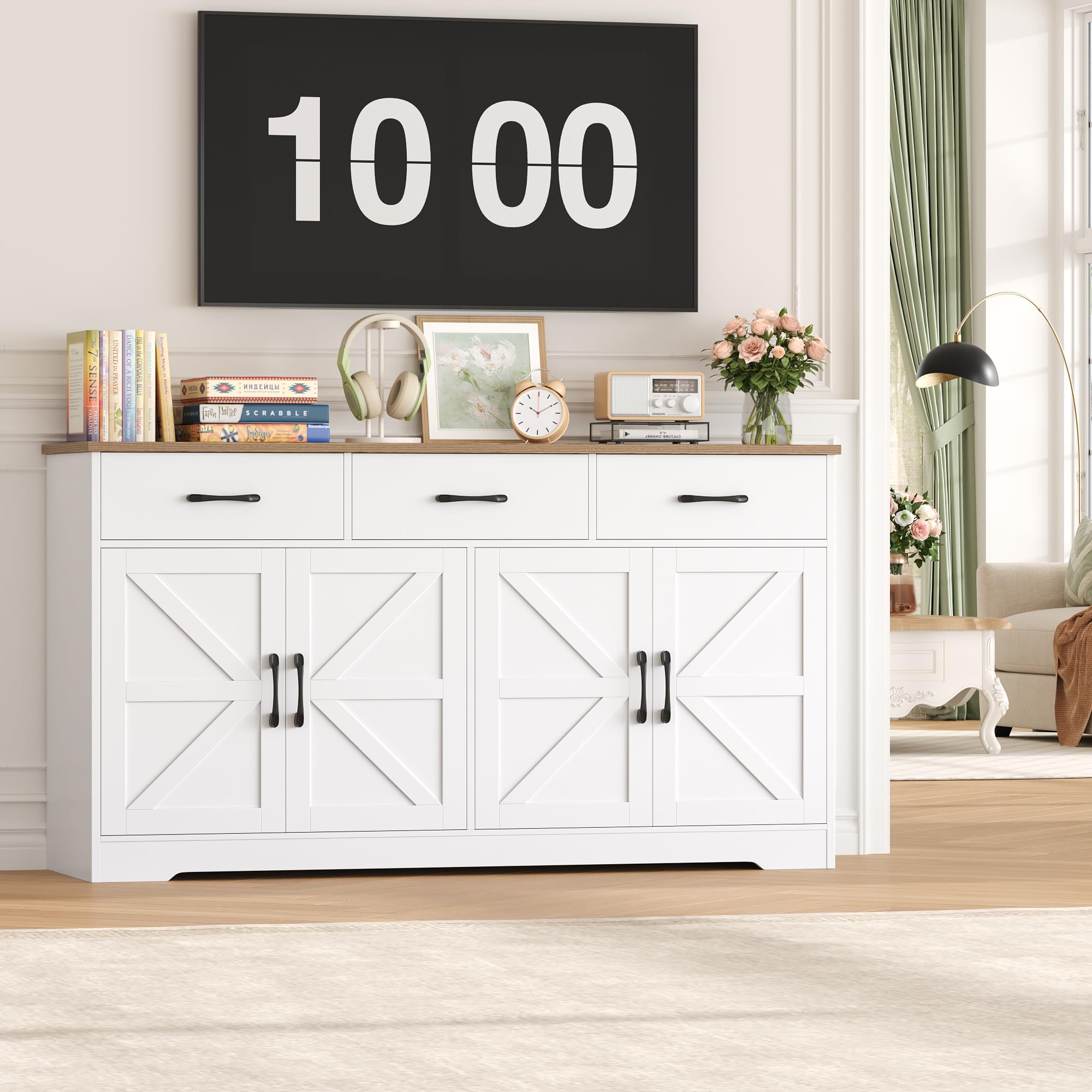 HOCSOK Buffet Cuisine, 150 cm Buffet Salle a Manger avec 3 Tiroirs 4 Portes, Meuble Cuisine Rangement avec Étagère Réglables, Meuble de pour Salon, Cuisine, Couloir, Blanc