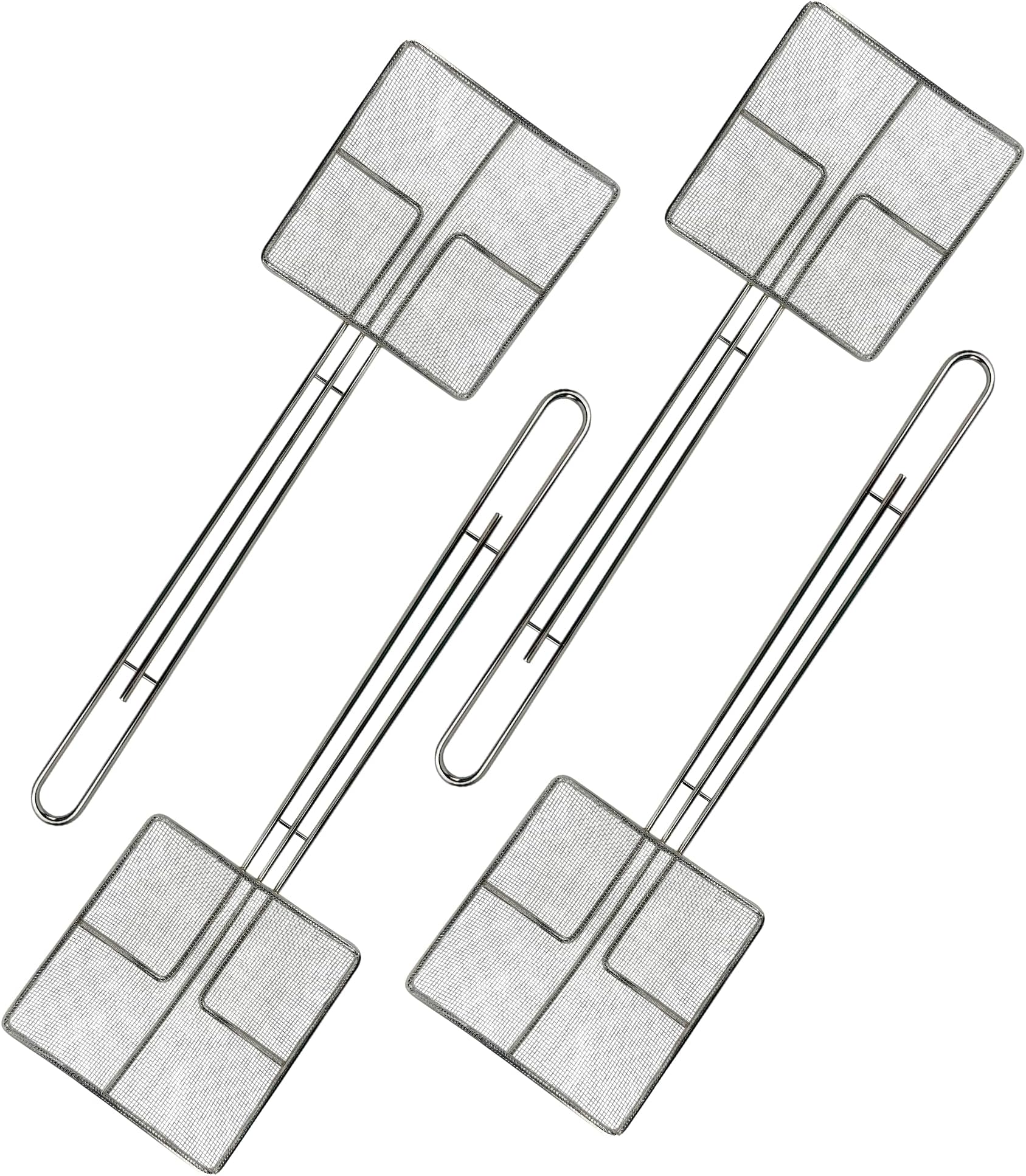 Wire Mesh Strainer with Long Handle | 4-Pack | 6.5" Square Frying Spoon | Cooking Oil Strainer for Deep Fryer & Professional Restaurant Use | Commercial Grease Skimmer