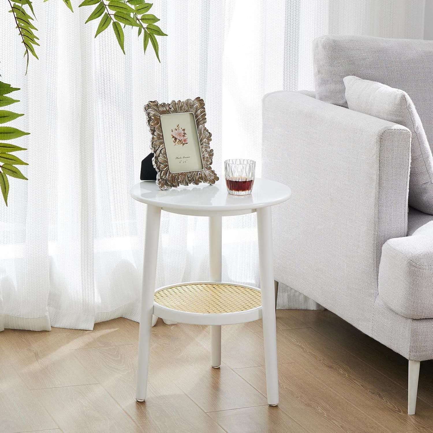 APICIZON 2 Tier Round Side Table, White Rattan Nightstand Bedside Table with Storage, Boho End Table for Living Room, Bedroom, Small Spaces, Easy Assembly, 15 x 19.3 Inches 1 White