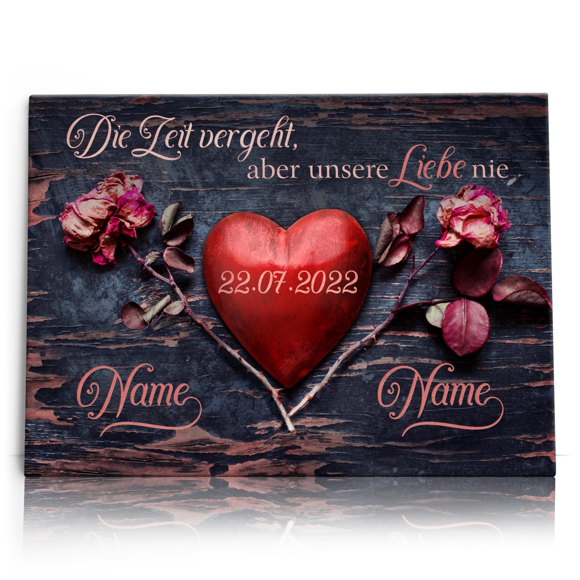 Liebesleinwand Individuelles Wandbild | Jahrestag, Hochzeitstag Geschenke für Frauen | Leinwand mit Namen und Datum gestalten | Unsere Liebe vergeht nie