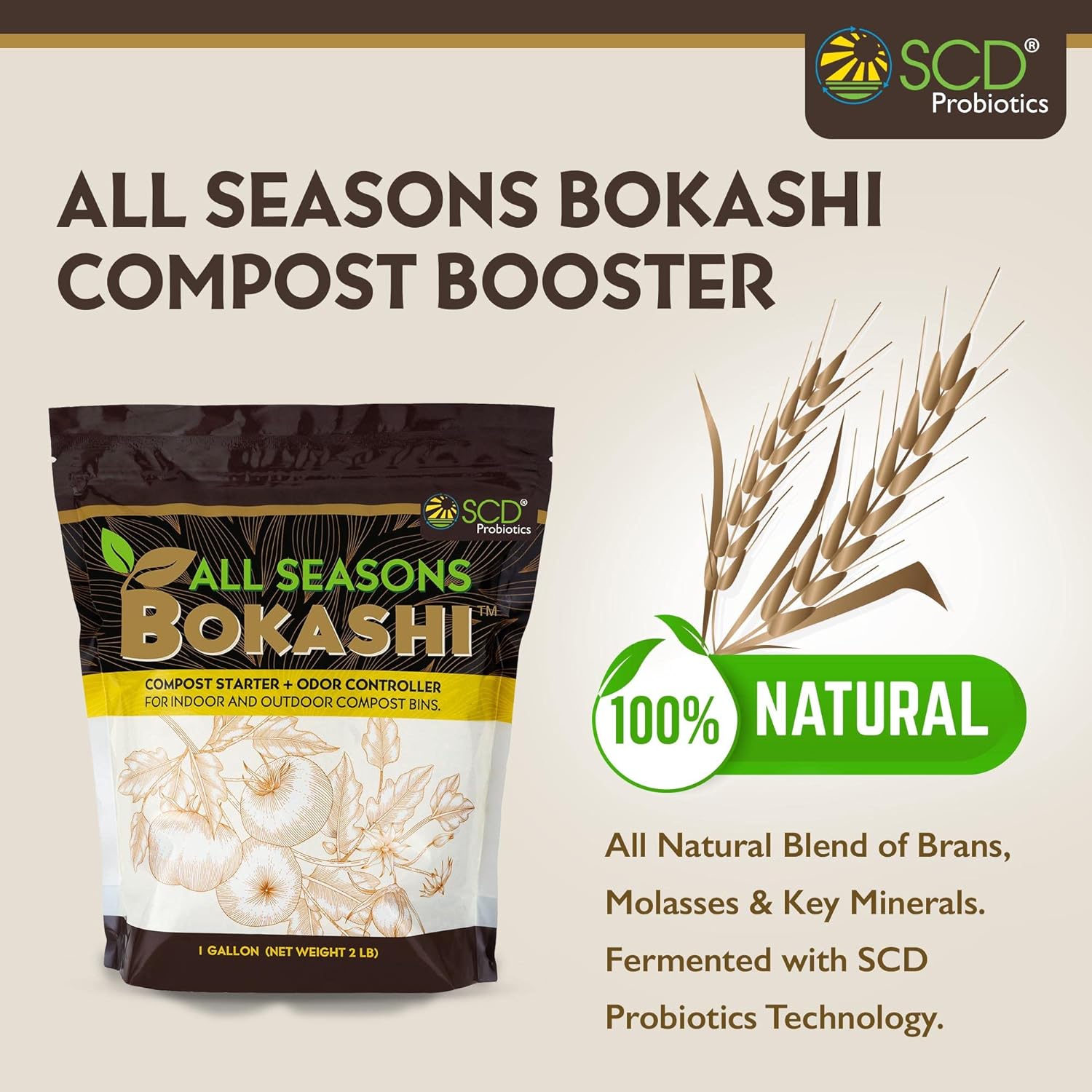 All Seasons Bokashi Compost Starter 2 lbs (1 Gallon) - Dry Bokashi Bran for Kitchen Compost Bin, Compost Food Pet Waste Quickly & Easily with Low Odor by SCD Probiotics