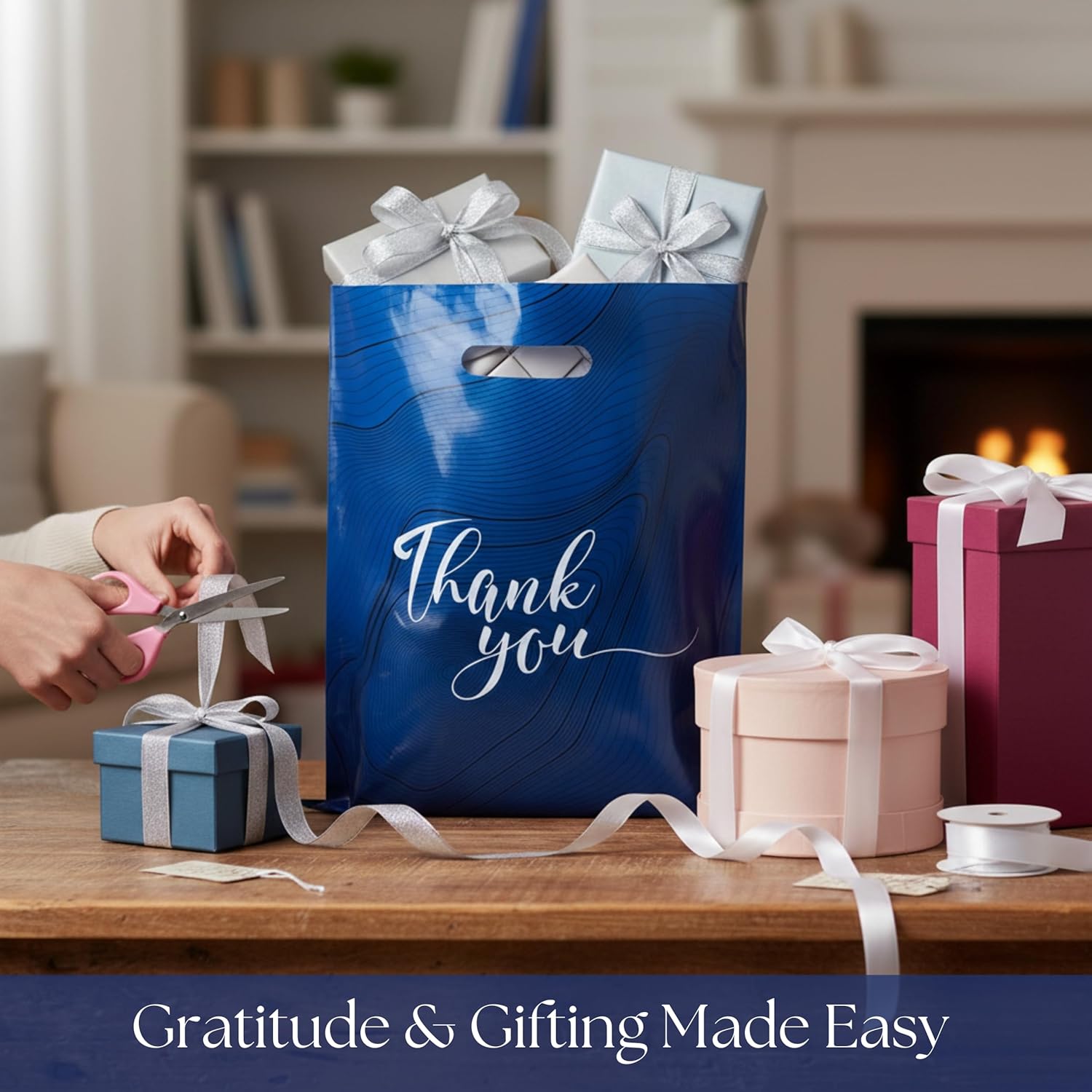 Rainbows & Lilies 100 Thank You Plastic Bags with Handles 12"W x 15"H Thick Reusable Bulk Shopping Bags for Small Business, Retail Merchandise, Boutique Gifts, Clothes, Goodie Party Favors (Navy Blue) - Image 7