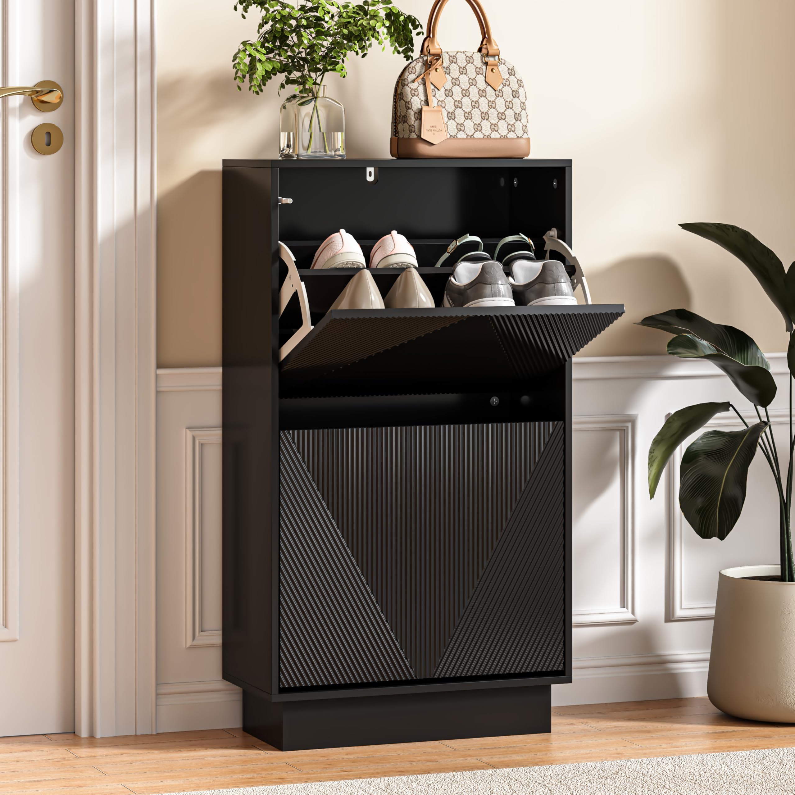 UEV Slim Shoe Cabinet with 2 Flip Drawers, Carved Line Fronts, Narrow Storage Unit with Anti-Tip Design for Entryway, Hallway, or Living Room, Black