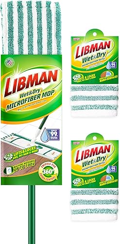 Libman Kit de mopa de microfibra húmeda y seca más repuestos, mopa de polvo para suelos de madera dura, mopa de pared, mopa para limpieza de suelos,