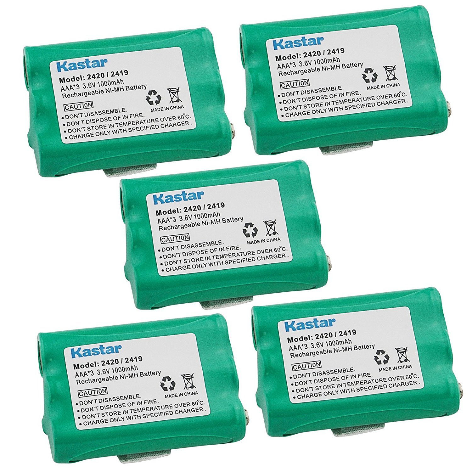 kastar at2419 cordless battery (5 pack), ni-mh 3.6v 1000mah, replacement for at&t 1215 1225 1231 2115 2120 2125 2231 2419 2420 2715 2725 2820 282h 5630 5633 5815 5915 5925