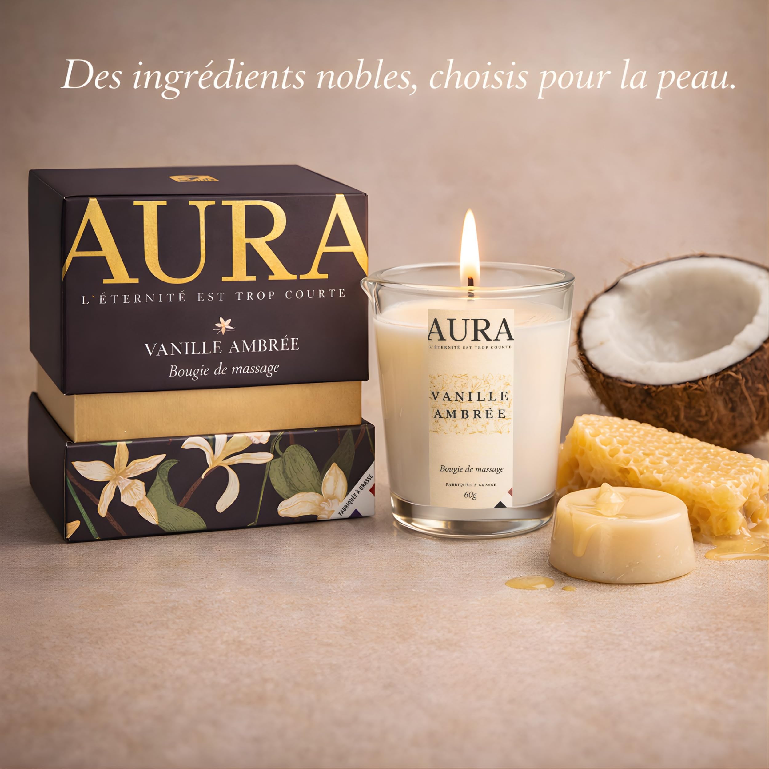 Bougie de Massage AURA Premium Vanille Ambrée | Fabriquée à Grasse | Cire d’Abeille & Soja, Huile de Coco | Se Transforme en Huile de Massage Nourrissante, Soin Corps Relaxant | Idée Cadeau