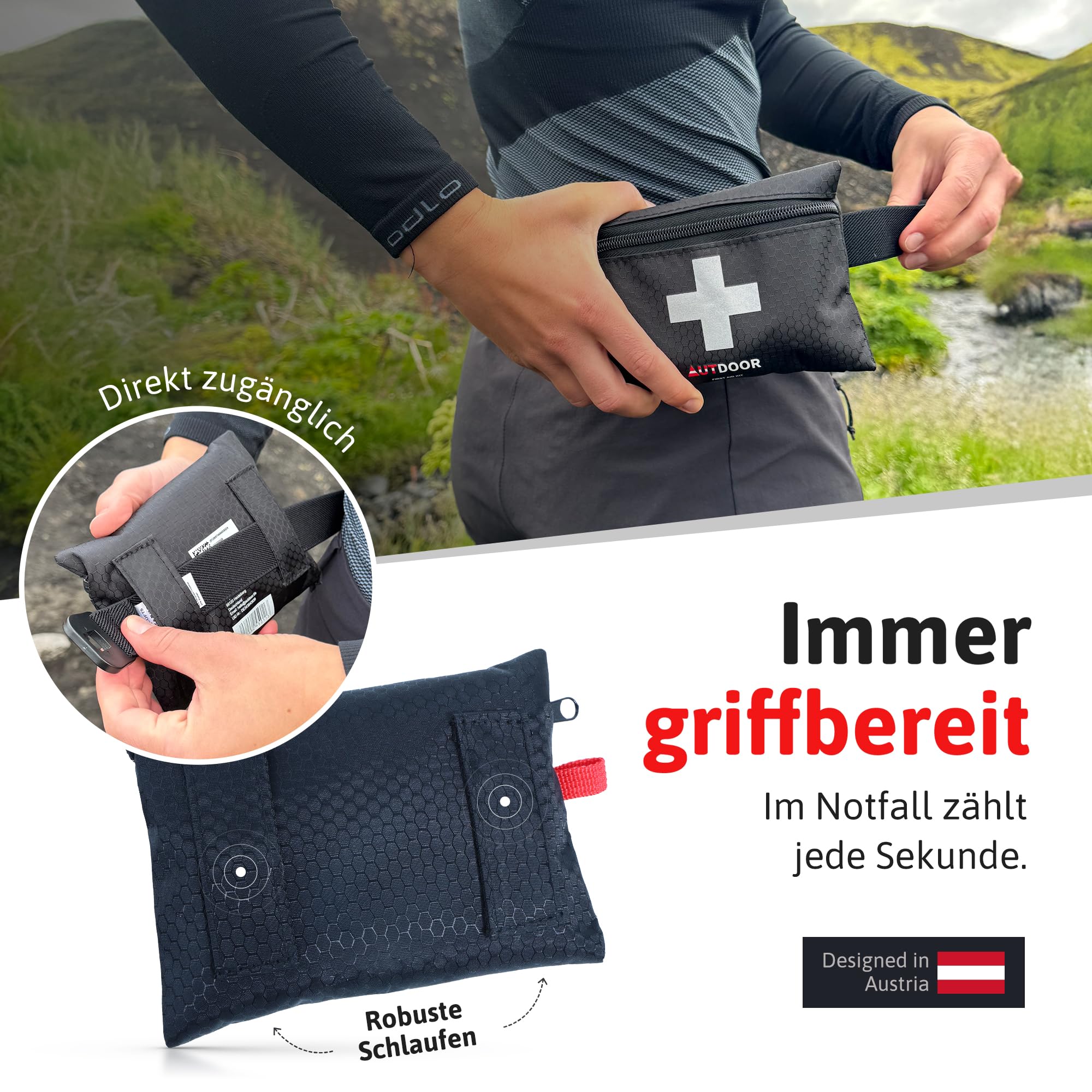 AUTDOOR® Erste Hilfe Set Lite – ultraleicht & kompakt – entwickelt von Ärzten – Robuste Reiseapotheke für Wandern, Klettern & Wassersport – Notfalltasche mit Essentials