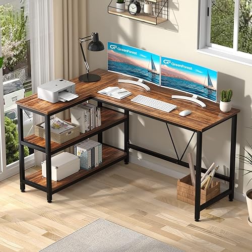 Miniatura 7 de GreenForest Escritorio en forma de L de 51 x 354 pulgadas escritorio reversible de esquina para computadora con estantes de almacenamiento para