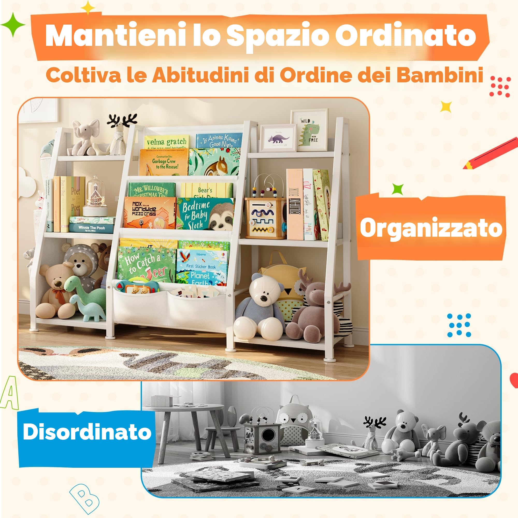 GoTiling Libreria Montessori per Bambini per Cameretta: Libreria Aperte con 6 Scomparti - Scaffale Portagiochi per Asili e Sale Giochi - Bianco