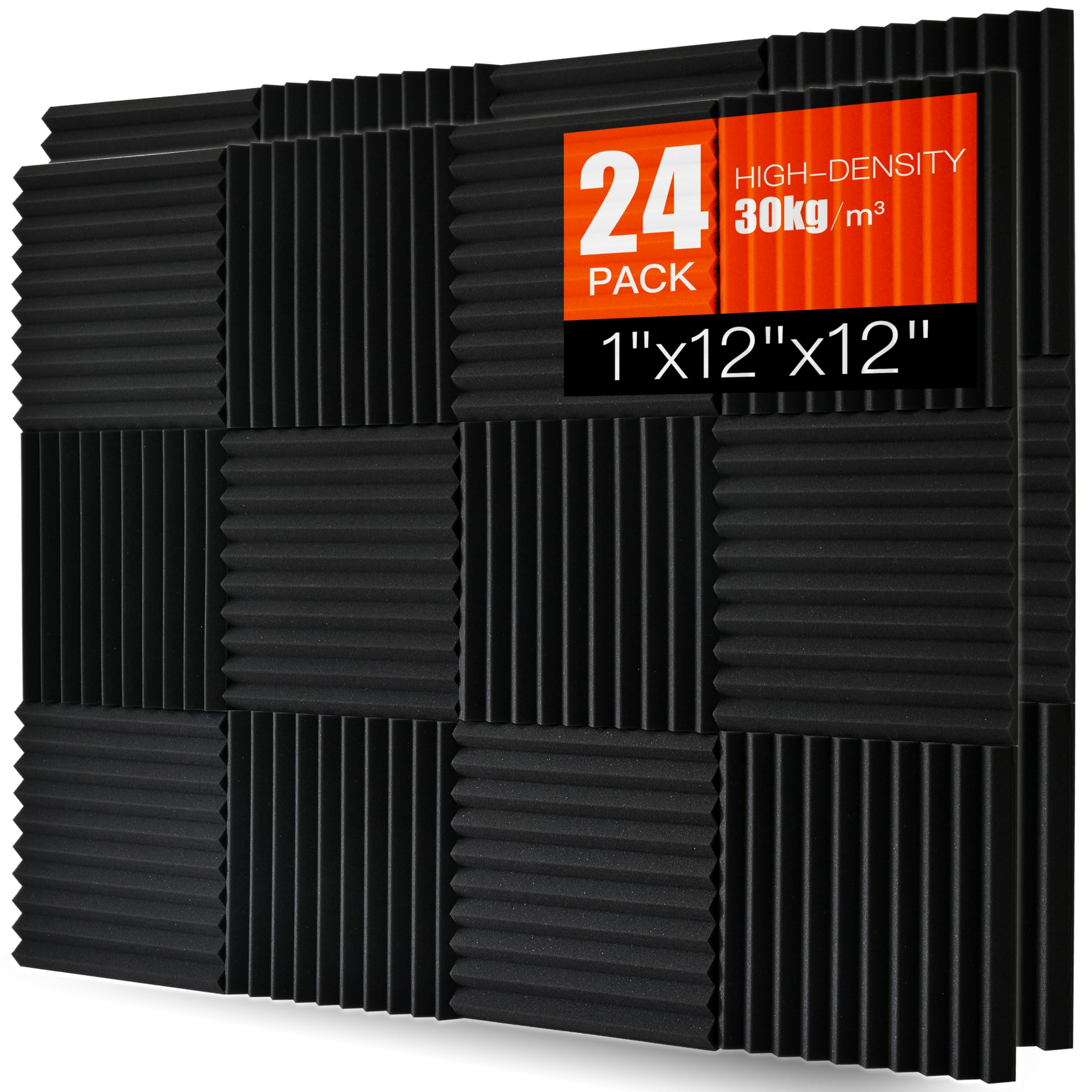 Acoustic Foam Panels 24 Pack – 1" x 12"x 12" High Density Soundproofing Wedges for Wall, Noise Absorbing and Sound-Damping, Quick-Recovery, Fire-Resistant – Perfect for Studio, Office, Gaming Room