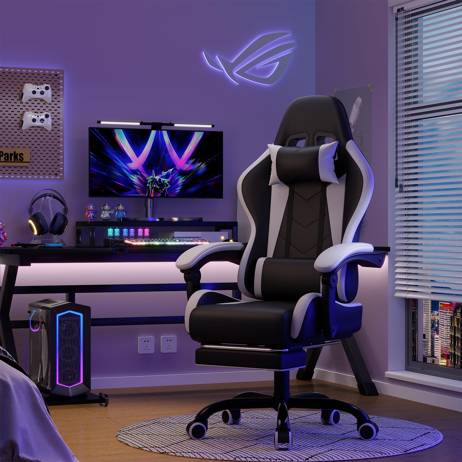 Devoko Chaise Gaming Ergonomique avec Massage Lombaire, Siège Gamer Inclinable 135°, Repose-Pieds, Appui-Tête Réglable, Fauteuil Gaming Adulte en Similicuir, Chaise Bureau Gaming Confortable, Blanc