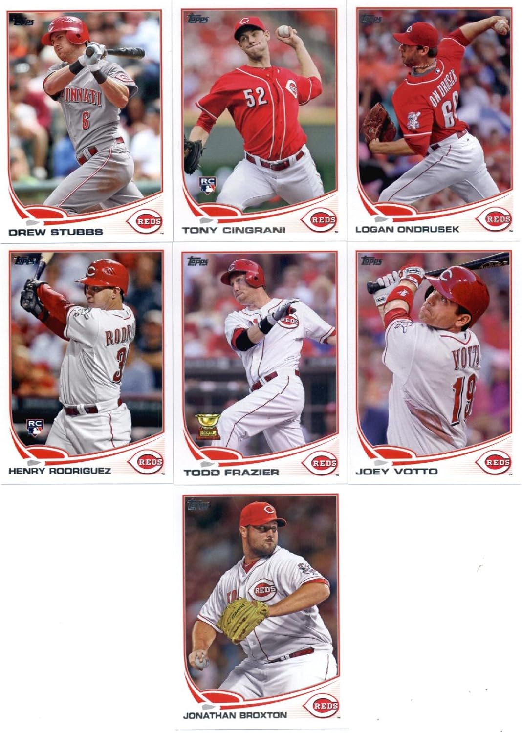 2013 Topps Baseball Cincinnati Reds Complete Team Set (22 cards) - Tony Cingrani Rookie, Didi Gregorius Rookie, Henry Rodriguez Rookie, Todd Frazier, Zack Cozart, Joey Votto, Jonathan Broxton, Drew Stubbs, Johnny Cueto, Chris Heisey, Mat Latos, Bronson Arroyo, Logan Ondrusek, Sean Marshall, Brandon Phillips, Aroldis Chapman, Mike Leake, Jay Bruce, Ryan Ludwick, Devin Mesoraco, Homer Bailey, and Ryan Hanigan